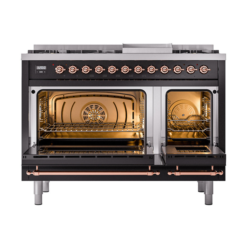 Glossy black range with two open oven doors, copper-trim handles, and burner knobs