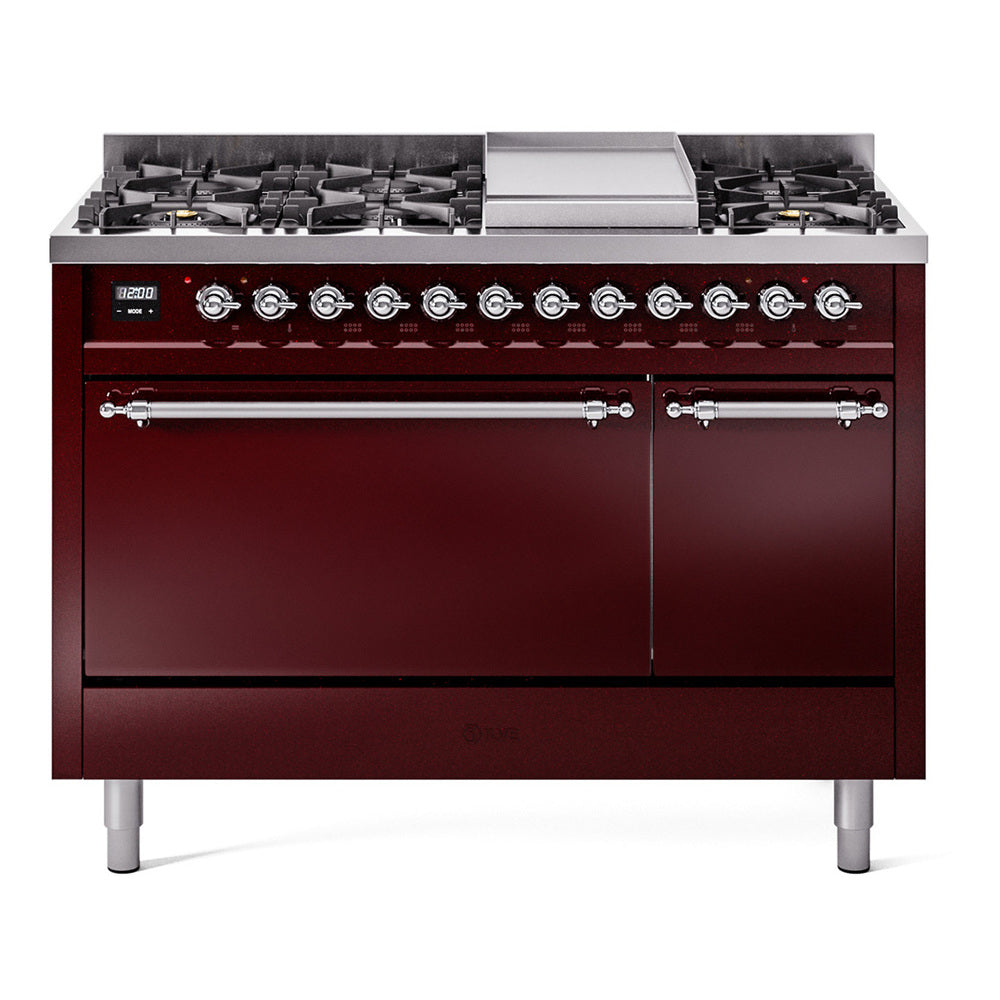 Burgundy dual-fuel range with chrome trim, 8 burners, griddle, double doors