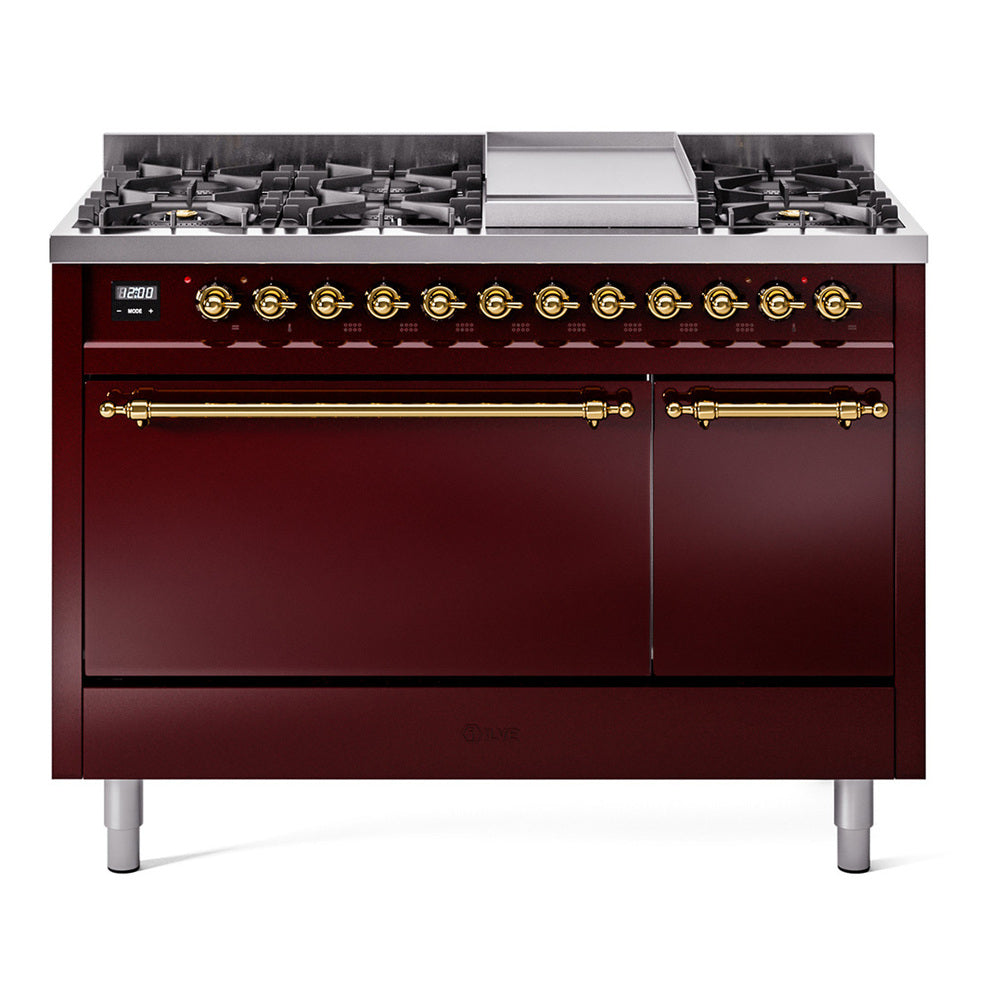 Burgundy dual fuel range with brass-trim control knobs and multi-burner cooktop