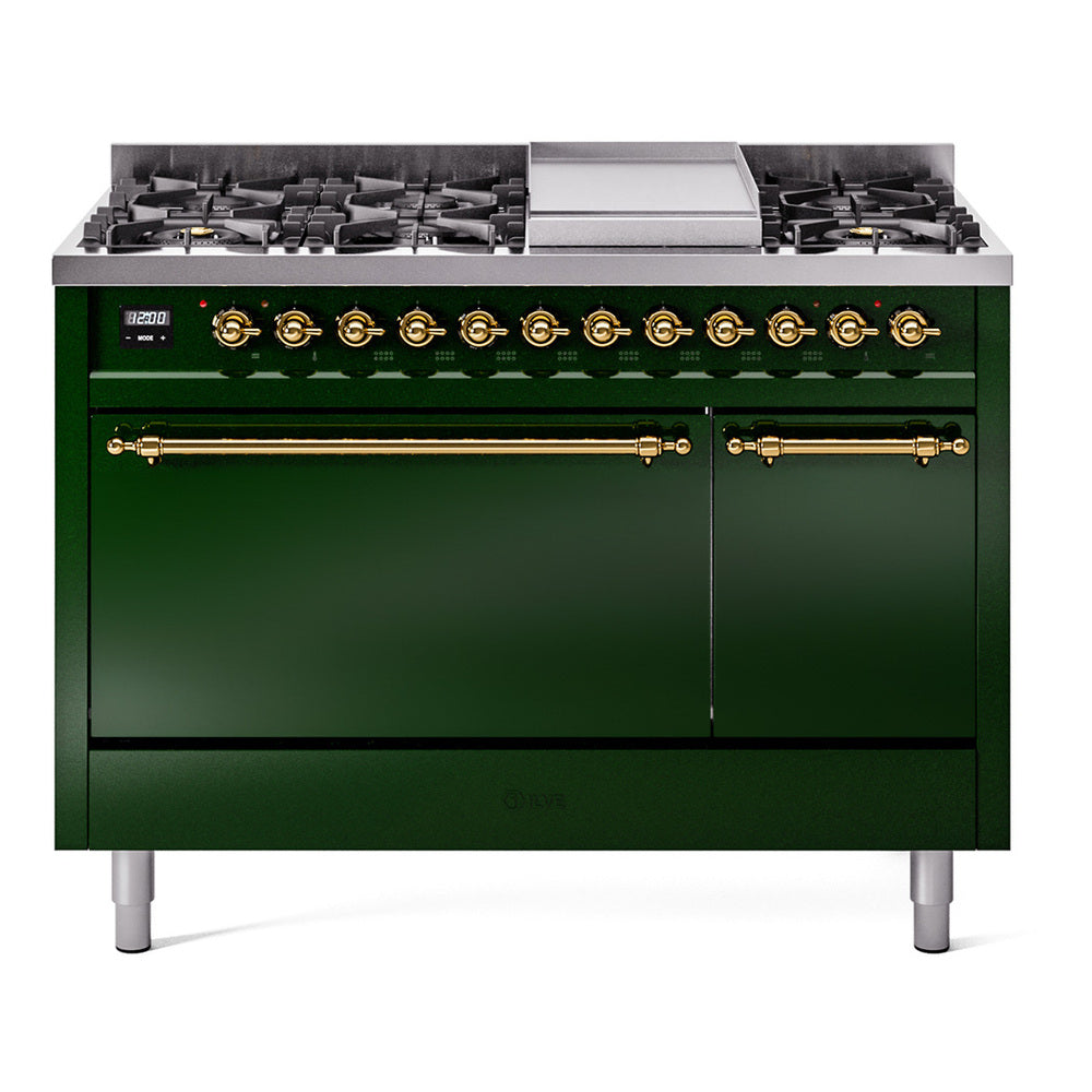 Emerald green dual-fuel range with brass knobs, griddle top, and two front doors