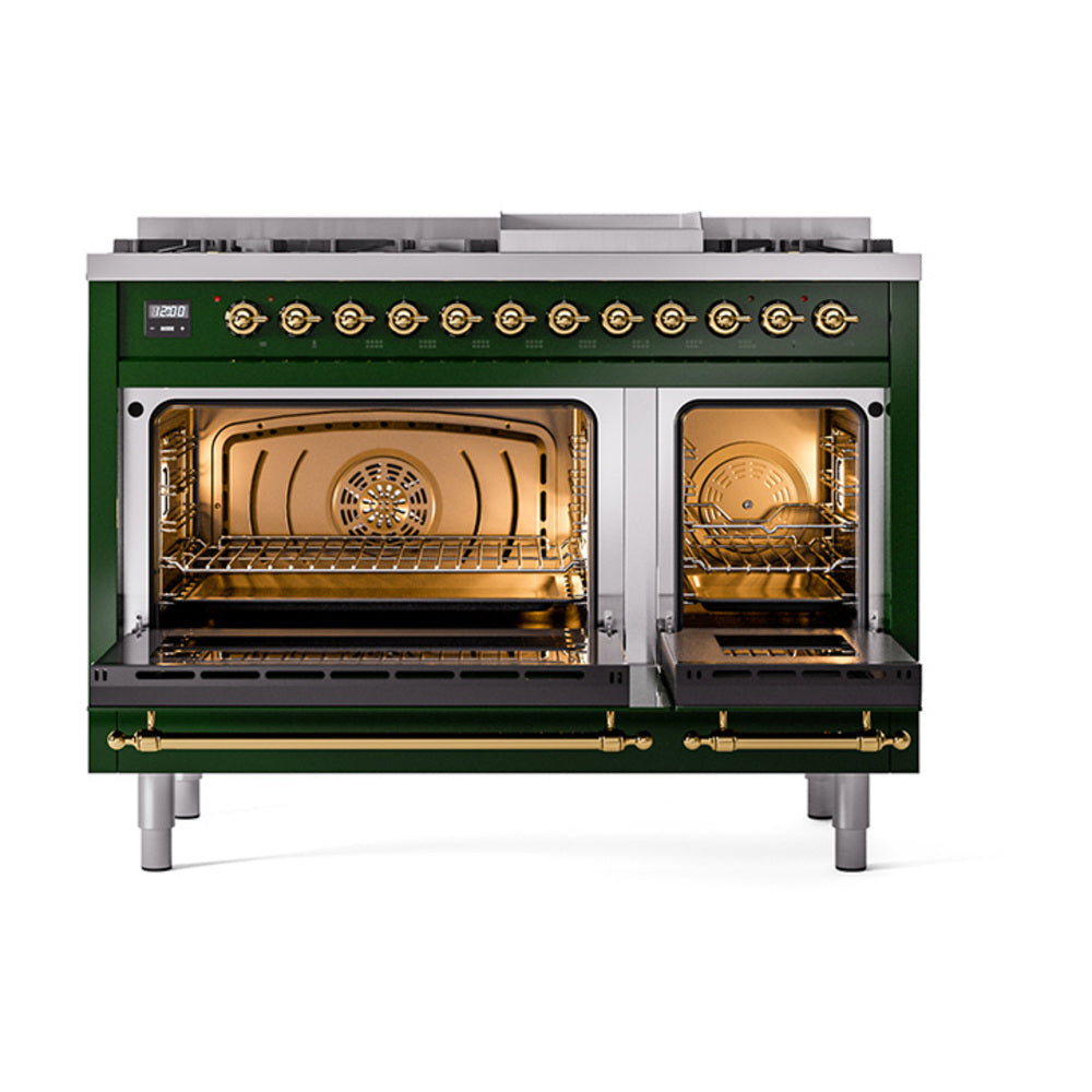 Emerald green dual-fuel range with brass-trimmed knobs and open oven doors