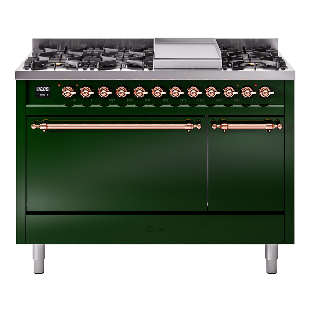 Emerald green dual fuel range with 8 burners, copper control trim, and griddle cover