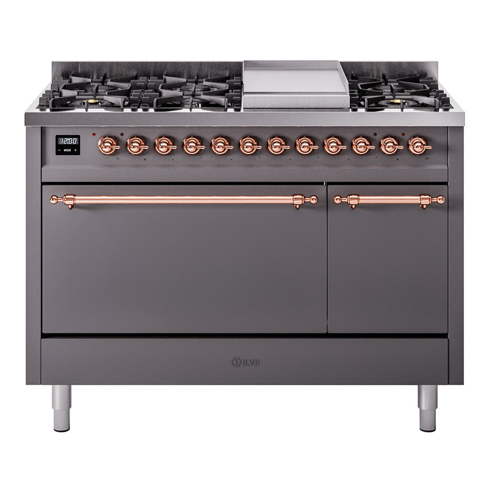 Matte graphite gas range with 8 burners, griddle, copper control knobs, and solid-door oven