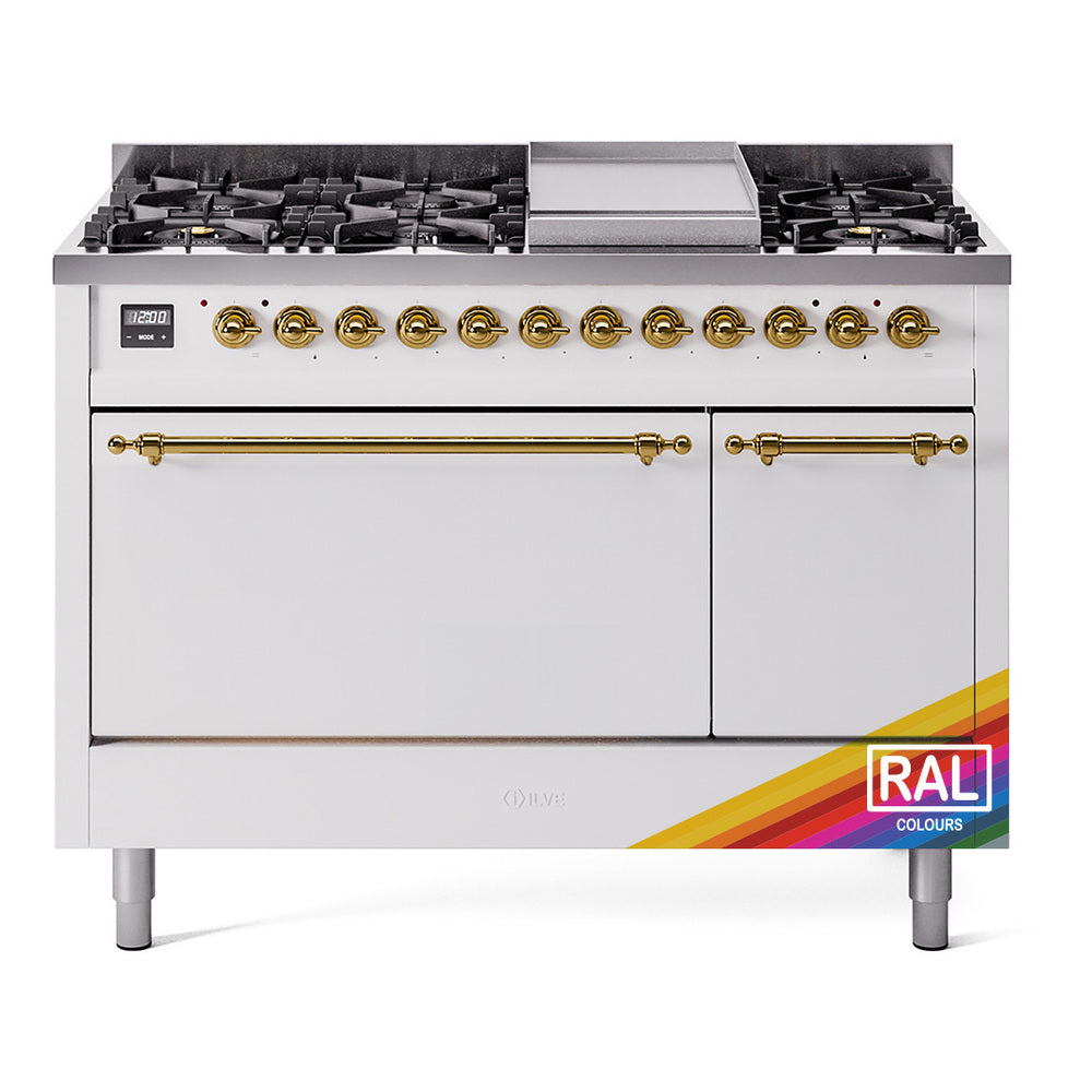 Brass-trim dual fuel gas range with 8 burners, griddle, and double oven doors