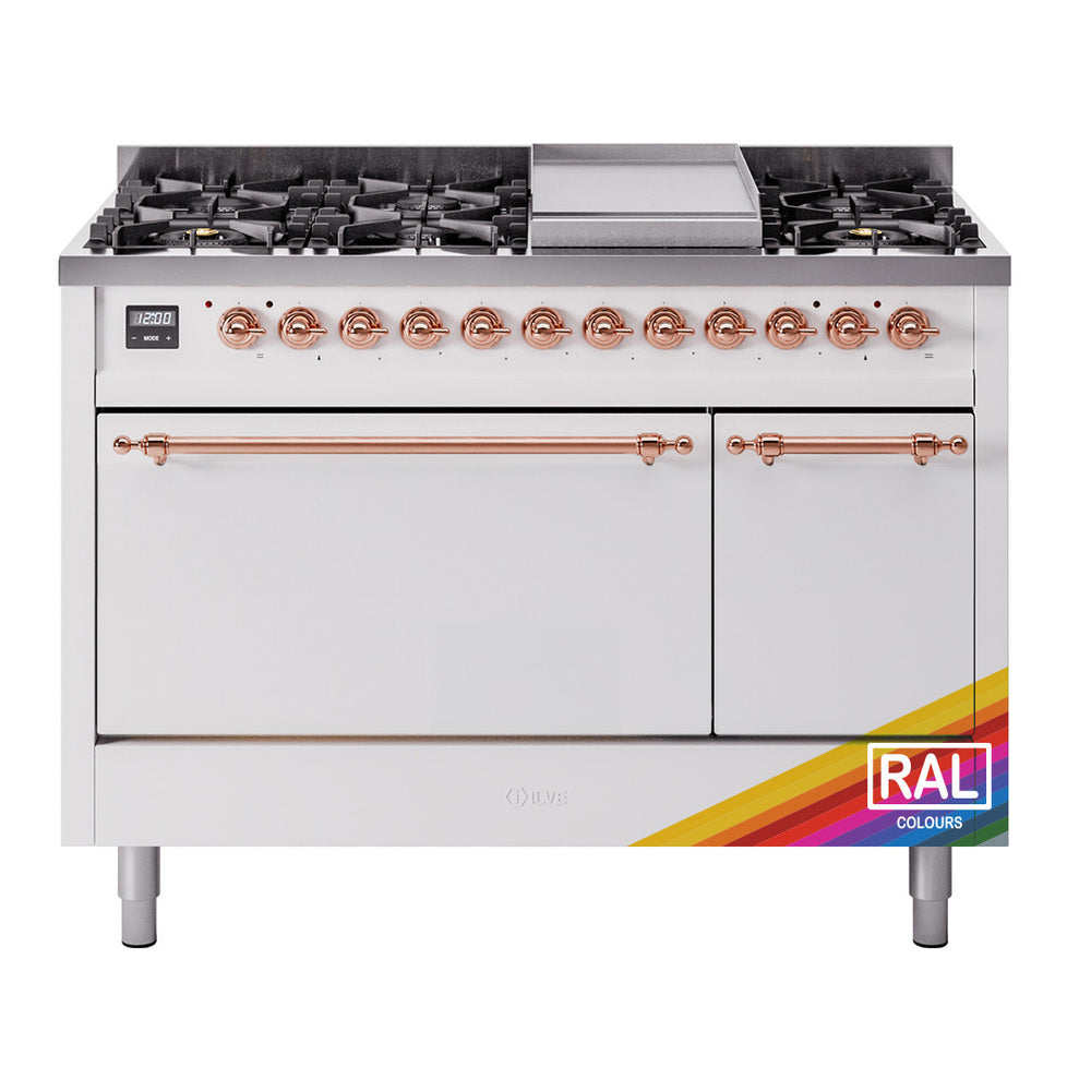 Dual fuel range with copper-trim control knobs, griddle, and two oven doors