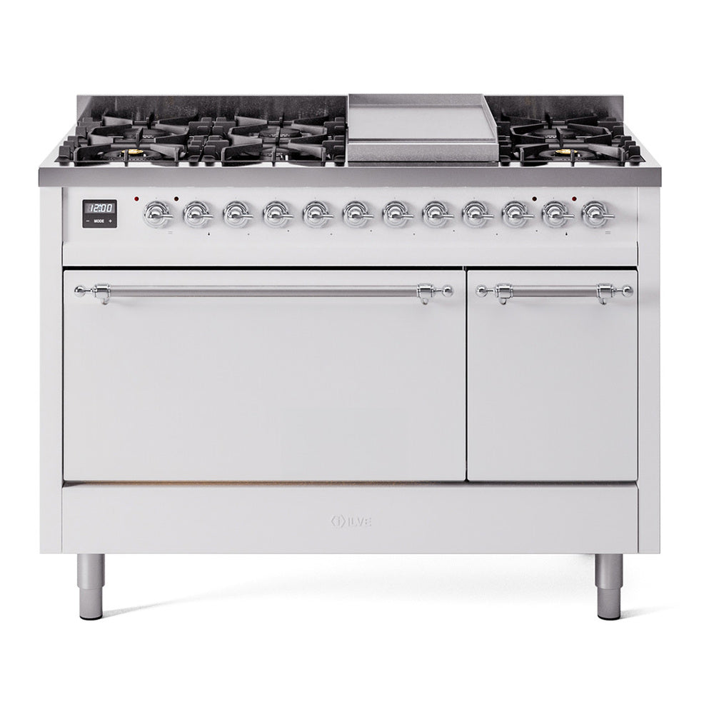 White dual fuel range with chrome trim, griddle, and multiple burner control knobs—front view.