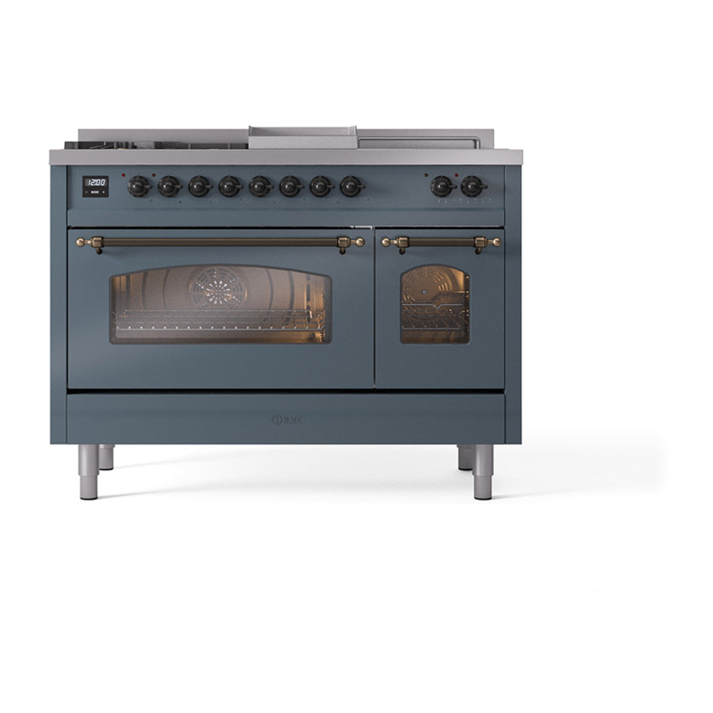 Blue-grey dual-fuel gas range with bronze trim and triple-glass oven door