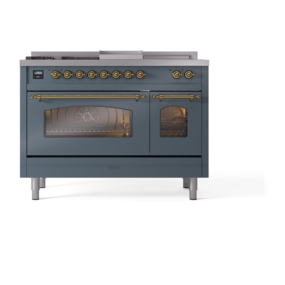 Blue-grey dual fuel range with brass knobs, glass window oven doors, and side control panel