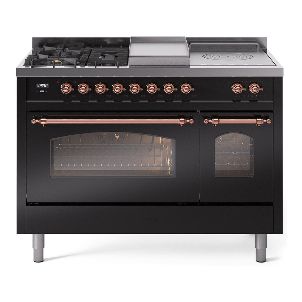 Glossy black dual fuel range with copper trim, 5 burners, griddle, and triple glass oven