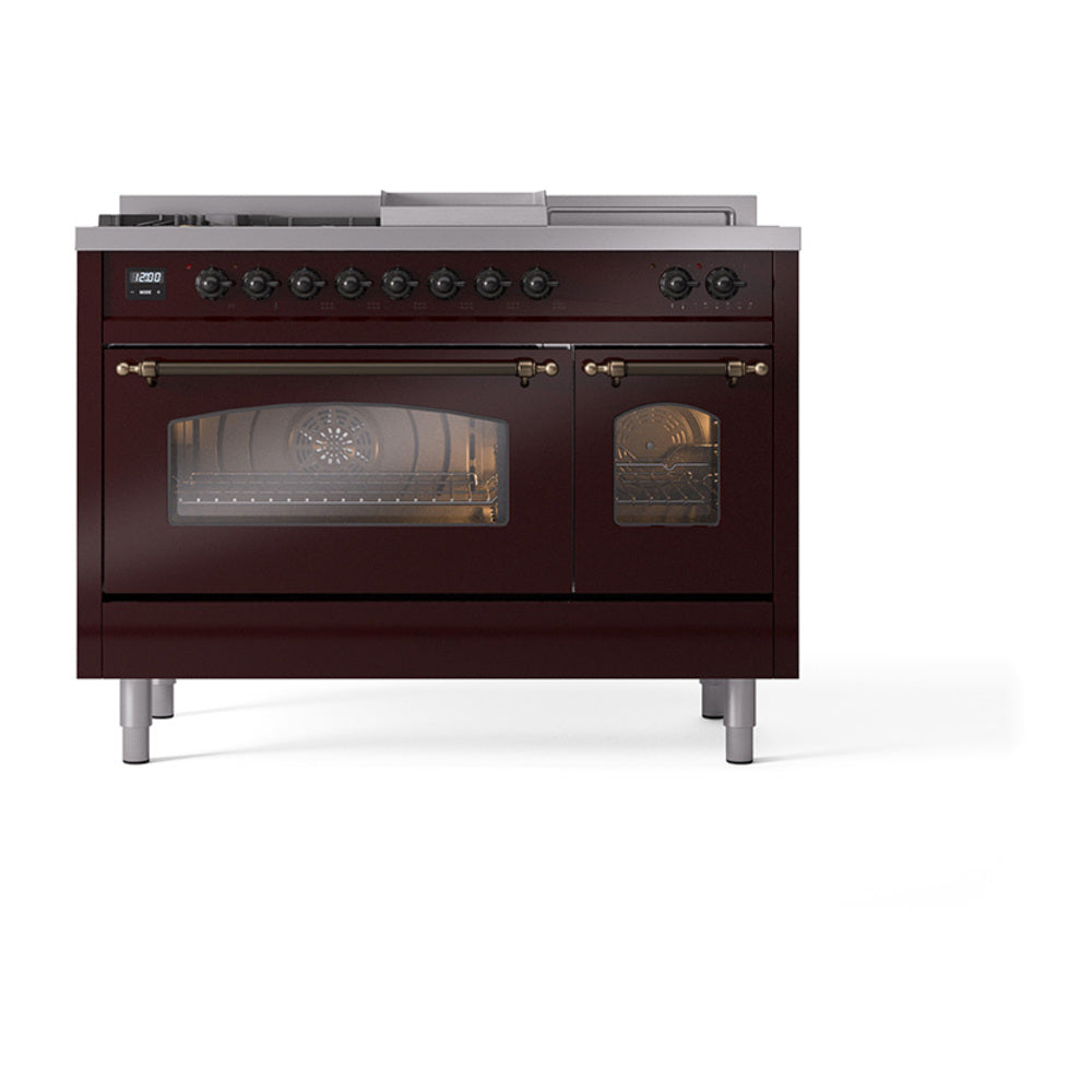 Burgundy dual fuel range with bronze trim; oven doors with glass windows and control knobs