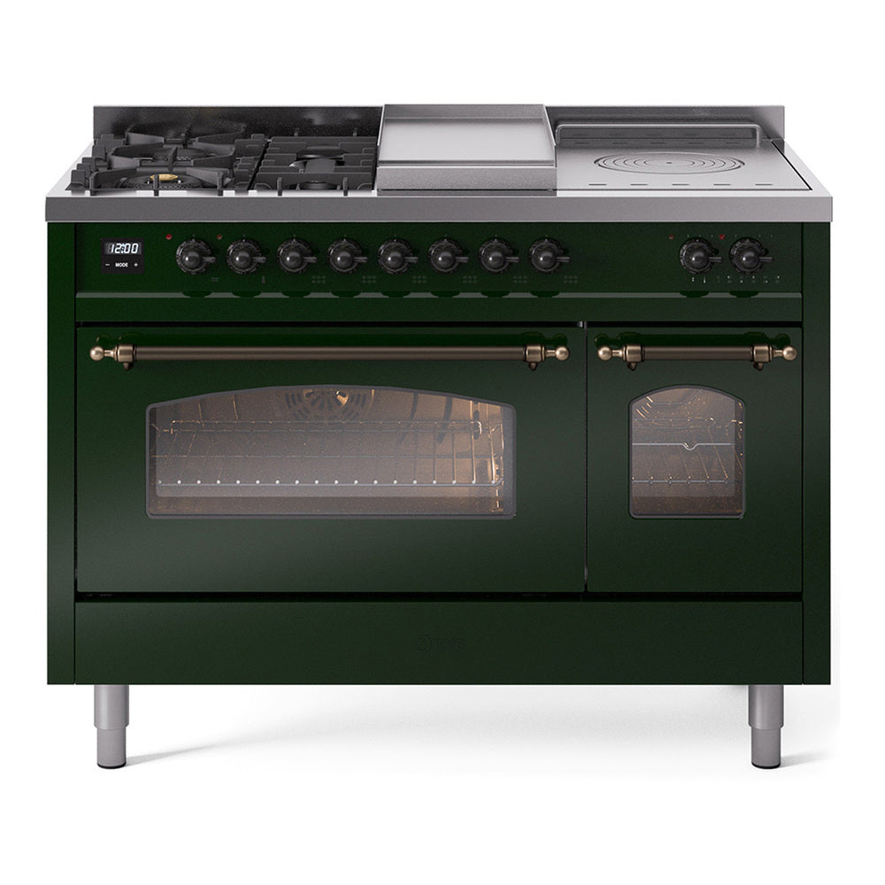 Emerald green dual fuel range with bronze trim, burners, griddle, and two glass oven doors