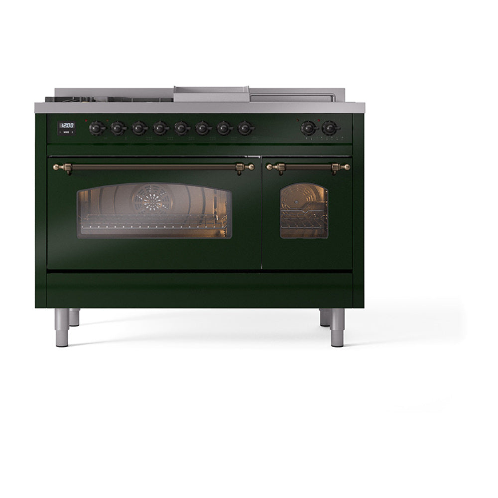 Emerald green cooking range with bronze handles, left oven glass and right small oven door