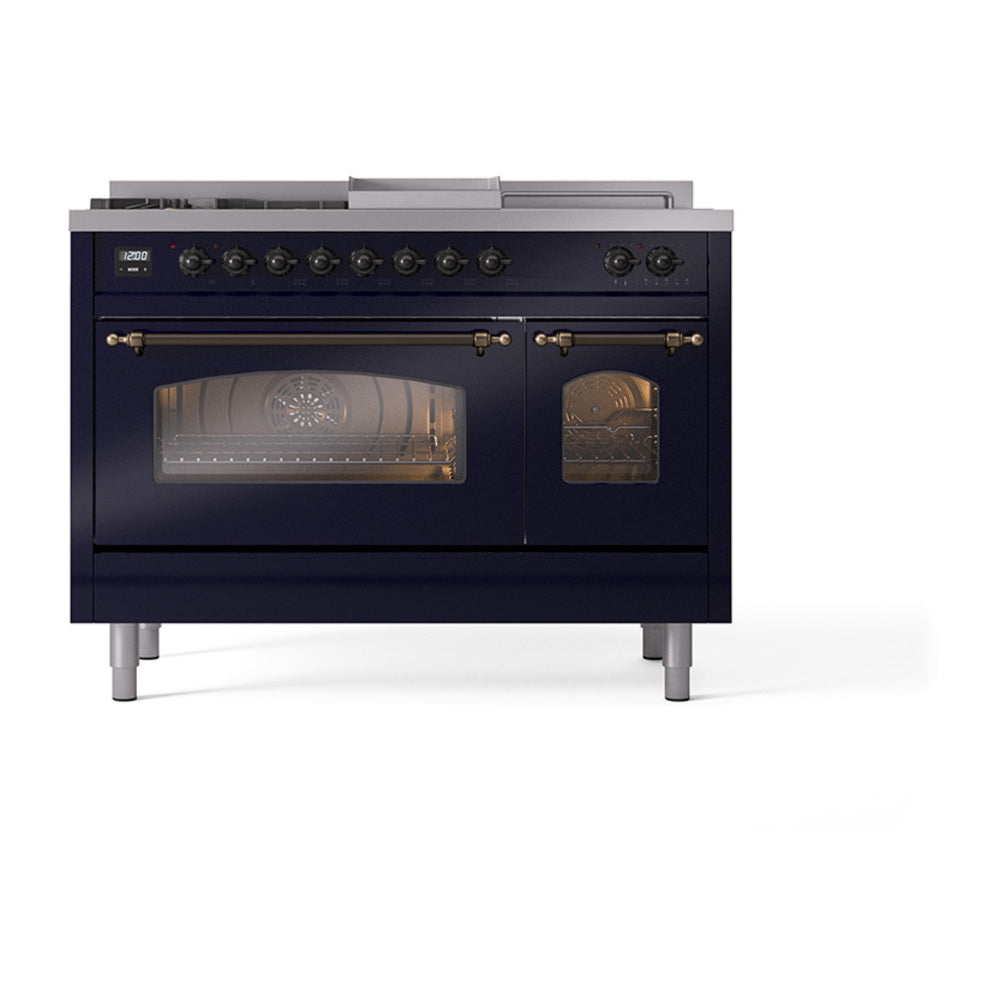 Midnight blue range with five burners and two oven doors featuring triple glass windows