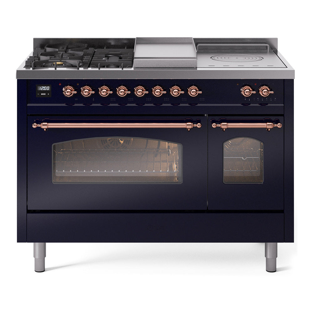 Midnight blue dual fuel range with copper-trimmed controls and triple glass oven doors