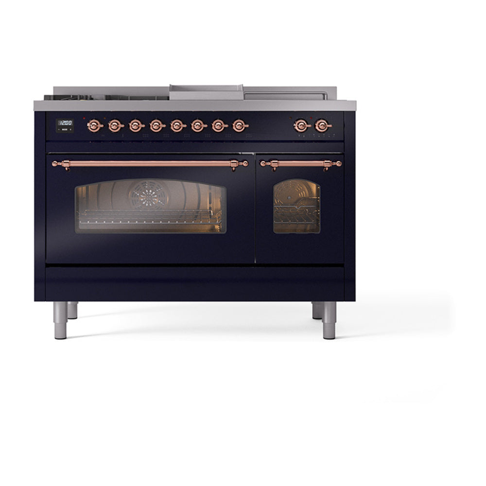 Midnight blue dual fuel range with copper knobs and two oven doors with glass windows