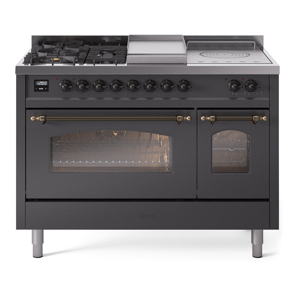 Matte graphite dual fuel range with bronze-trim knobs and two glass oven doors