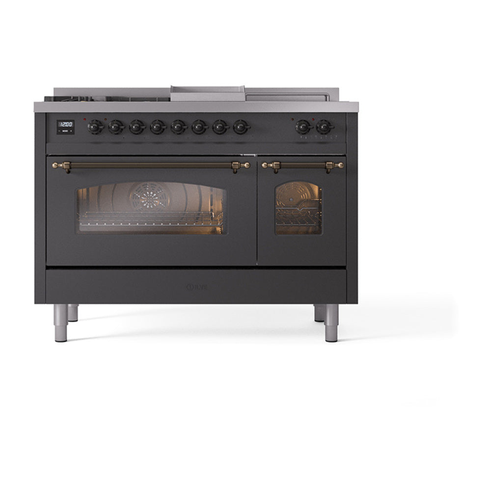 Matte graphite dual fuel range front with burner knobs and two illuminated oven doors