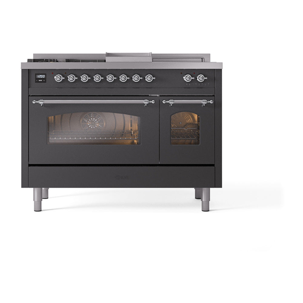 Matte graphite dual fuel range with control knobs and open-view ovens with triple glass