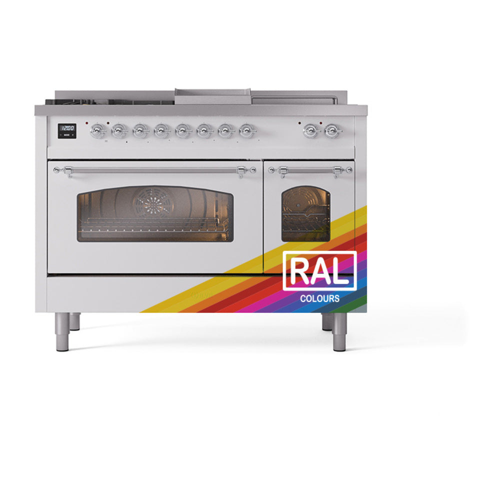 Dual fuel range front view with two oven windows, control knobs, and white finish