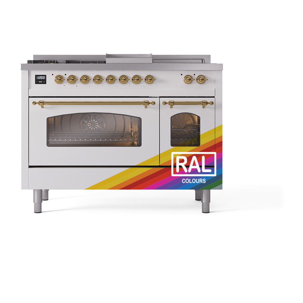 White dual fuel range with brass knobs, griddle, and two glass oven doors
