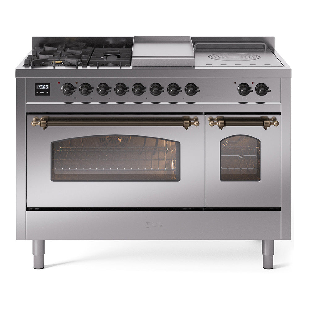 Stainless dual fuel range with 5 burners, griddle and French top, triple-glass oven doors