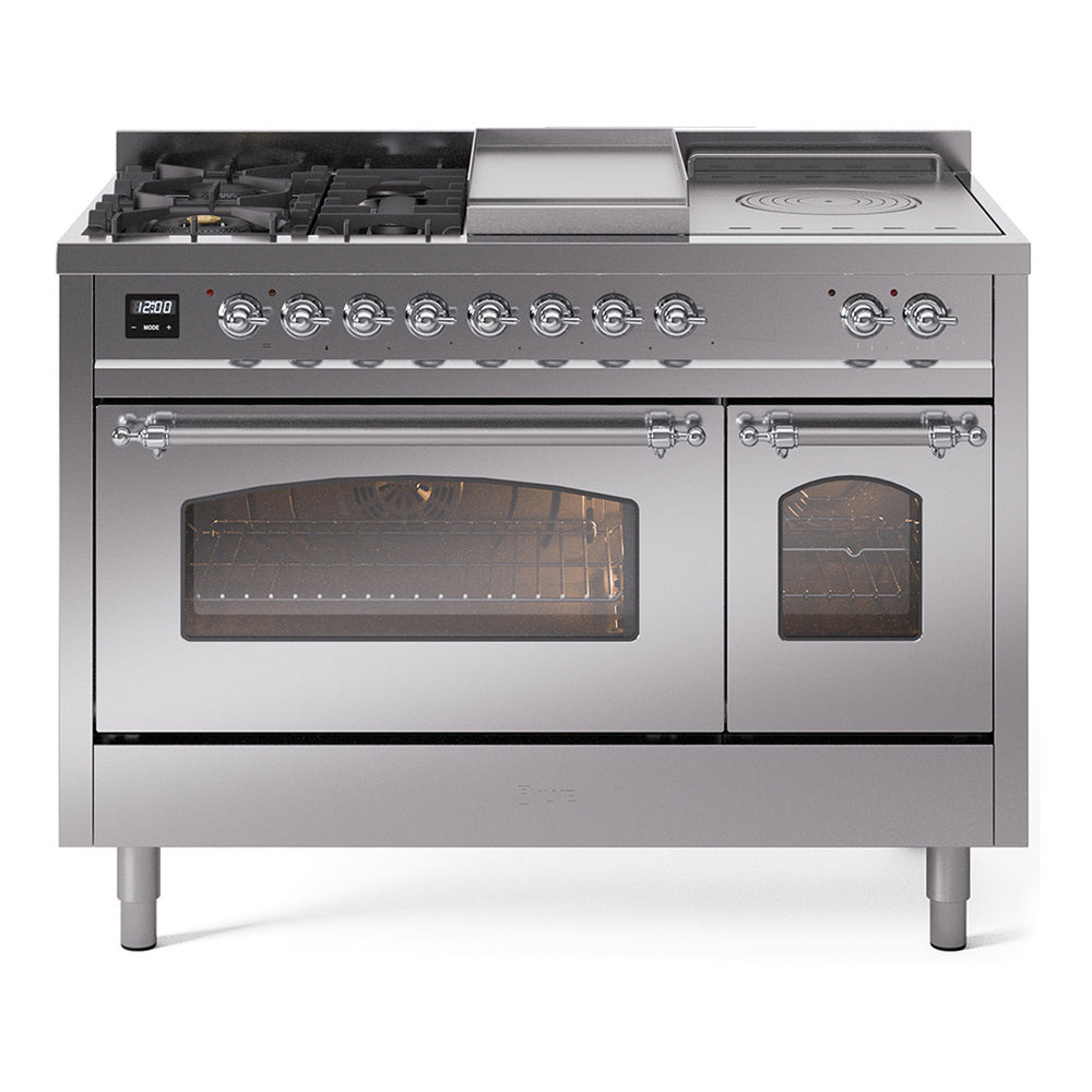 Stainless steel dual fuel gas range with front knobs, burners, griddle, and oven doors