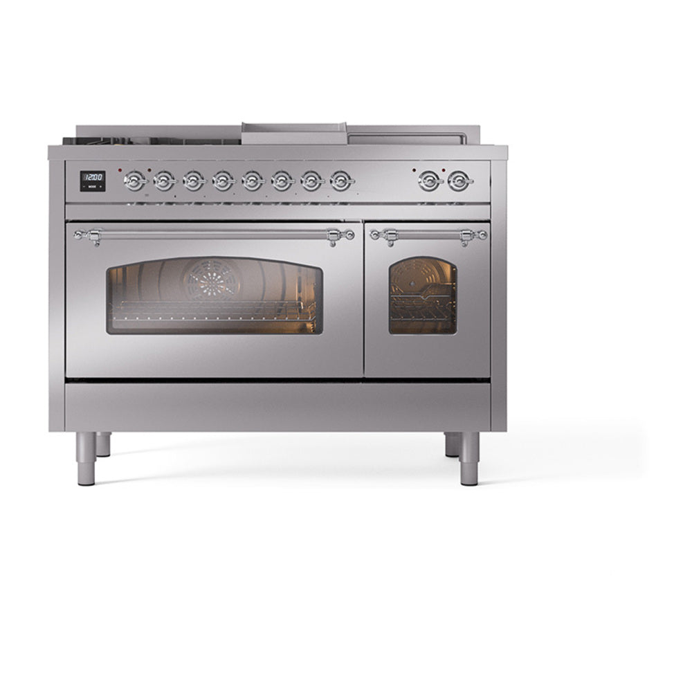 Stainless steel dual fuel gas range front with triple-glass oven doors and chrome trim