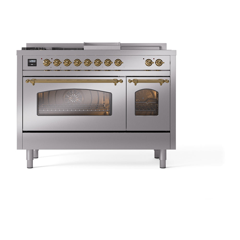 Stainless steel dual fuel range with brass knobs and two glass oven doors