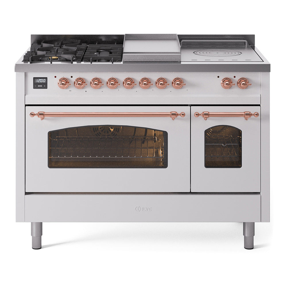 White dual-fuel range with griddle and burners, copper knobs, and open ovens.