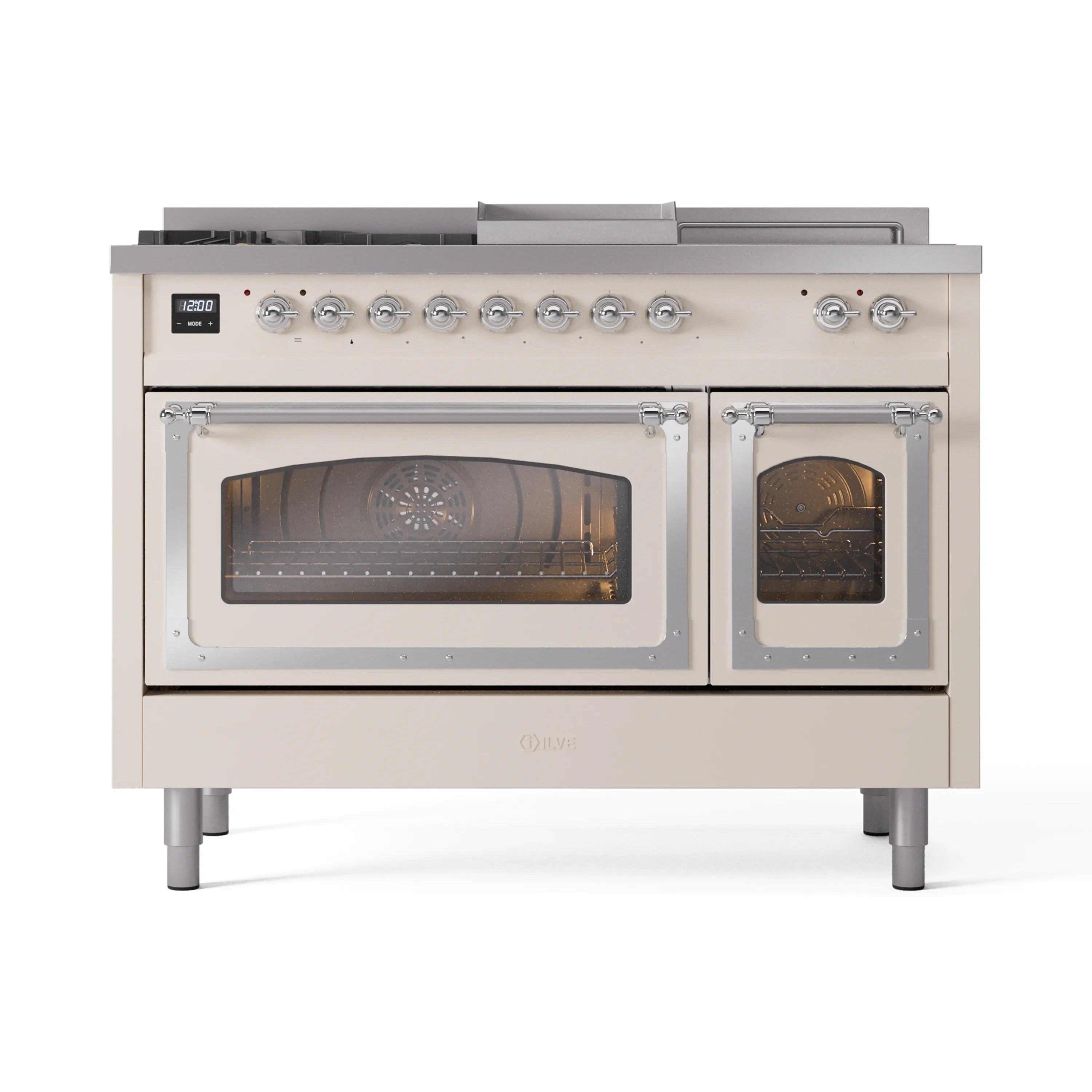 Antique white gas dual-fuel range with 5 burner knobs and two glass oven doors