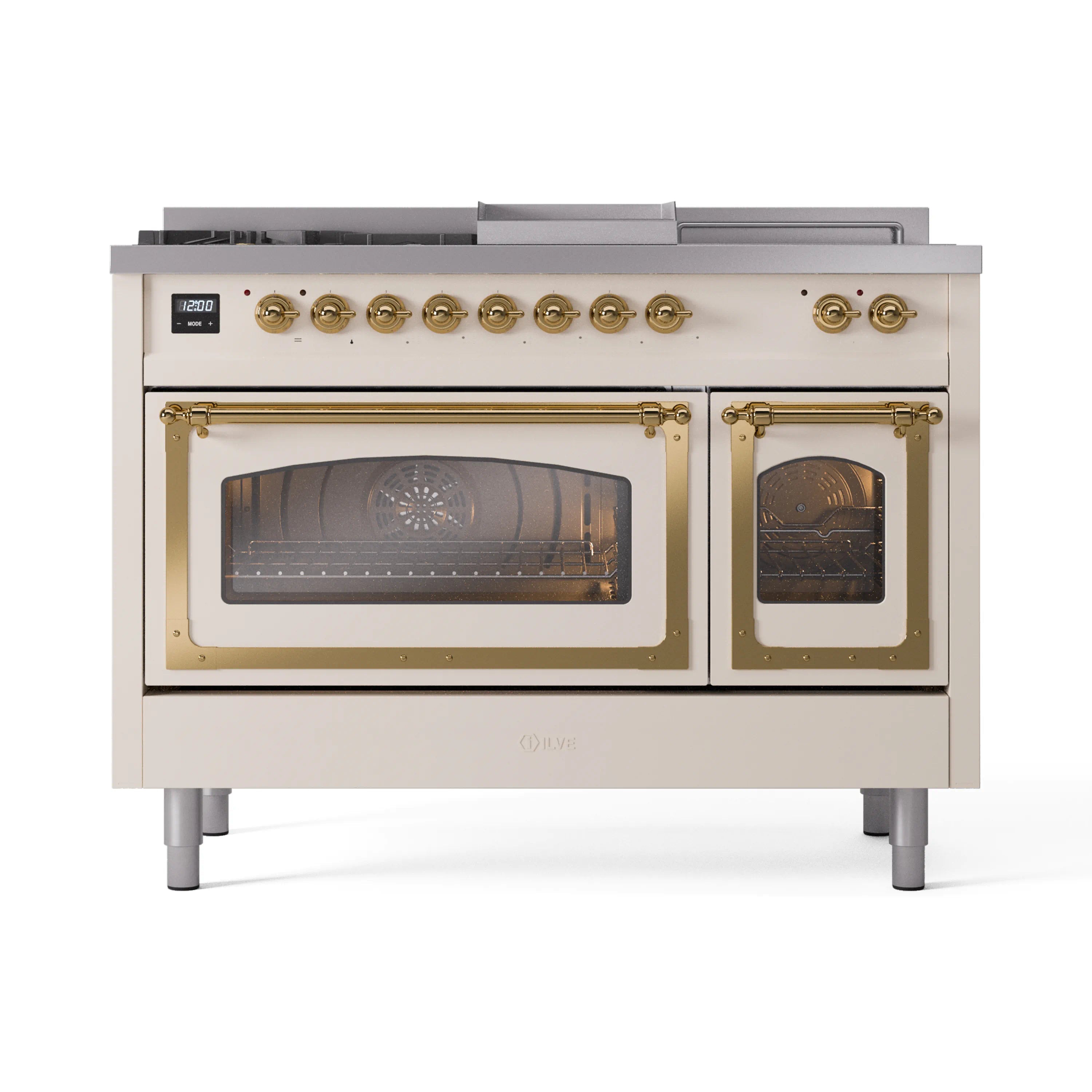 Antique white dual fuel range with brass controls and two glass oven doors, front view
