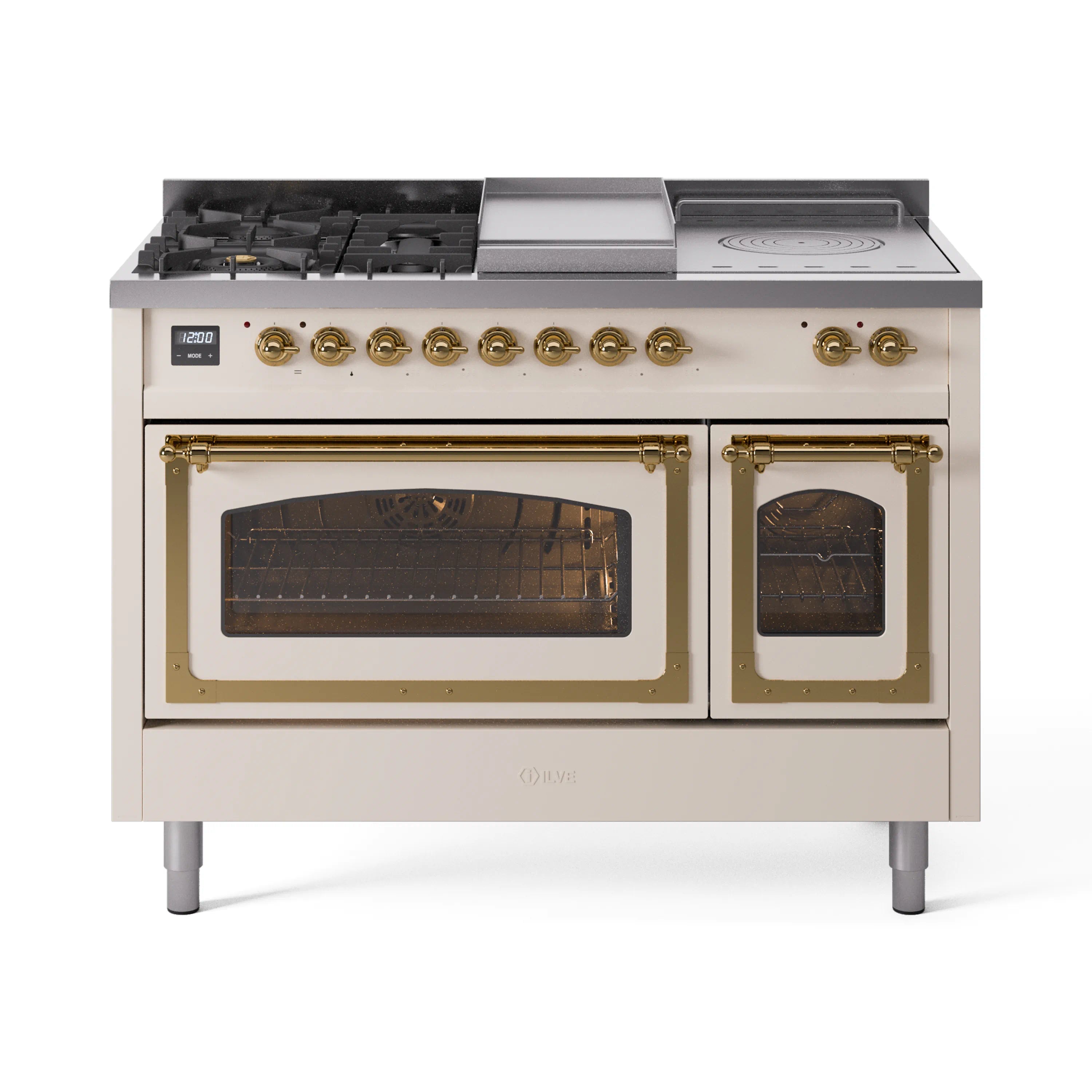 Antique white dual fuel range with brass trim, two glass oven doors, and burner grates