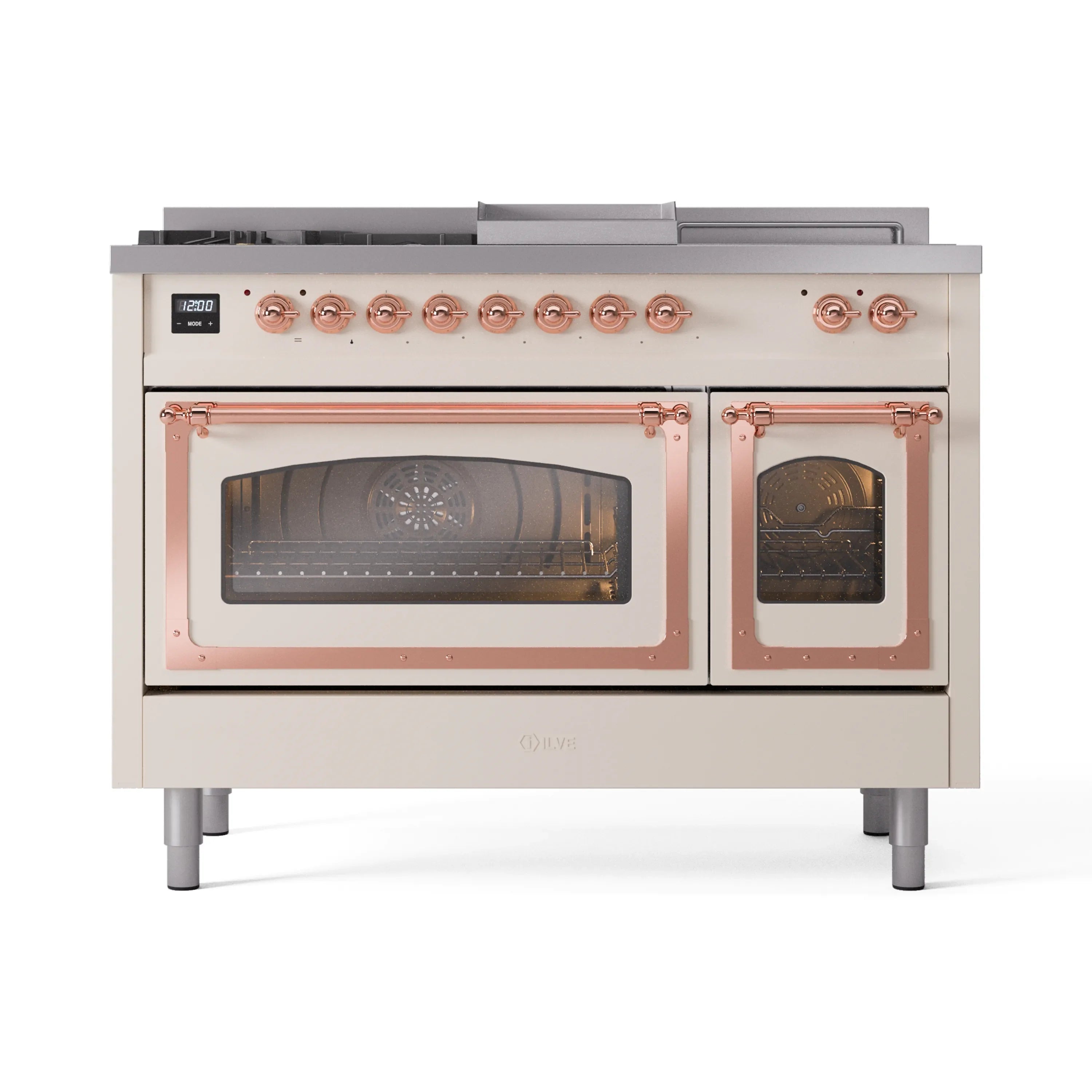 Antique white dual fuel range with copper knobs and two oven doors with glass windows