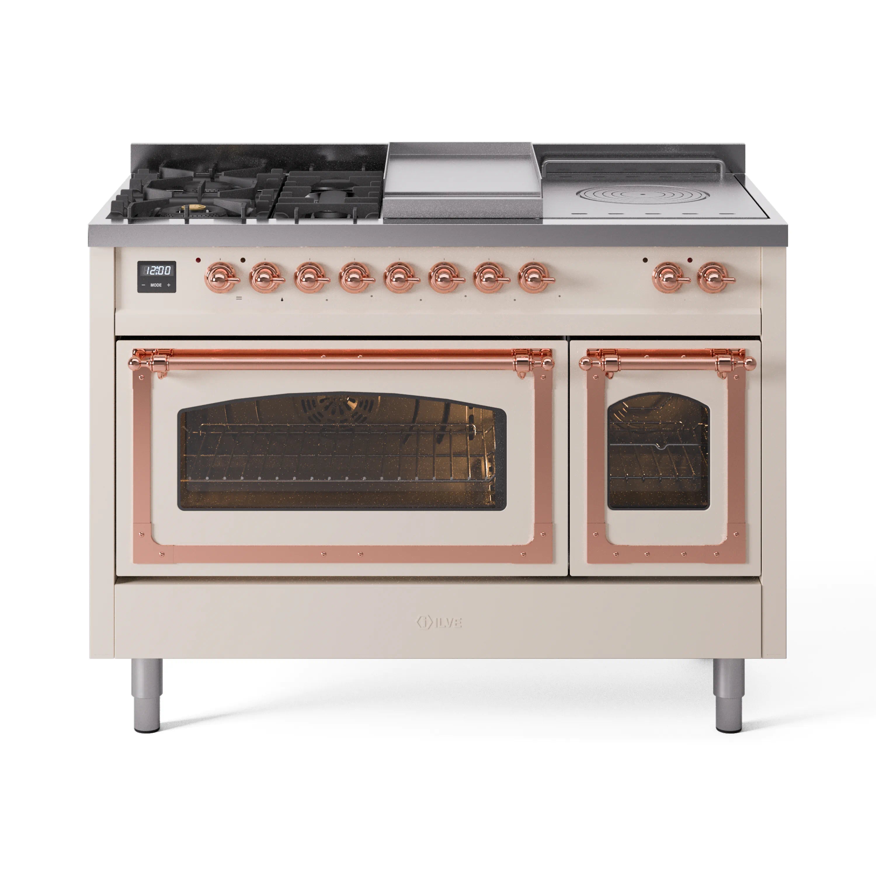 Antique white dual fuel range with copper-trimmed doors and two glass oven windows