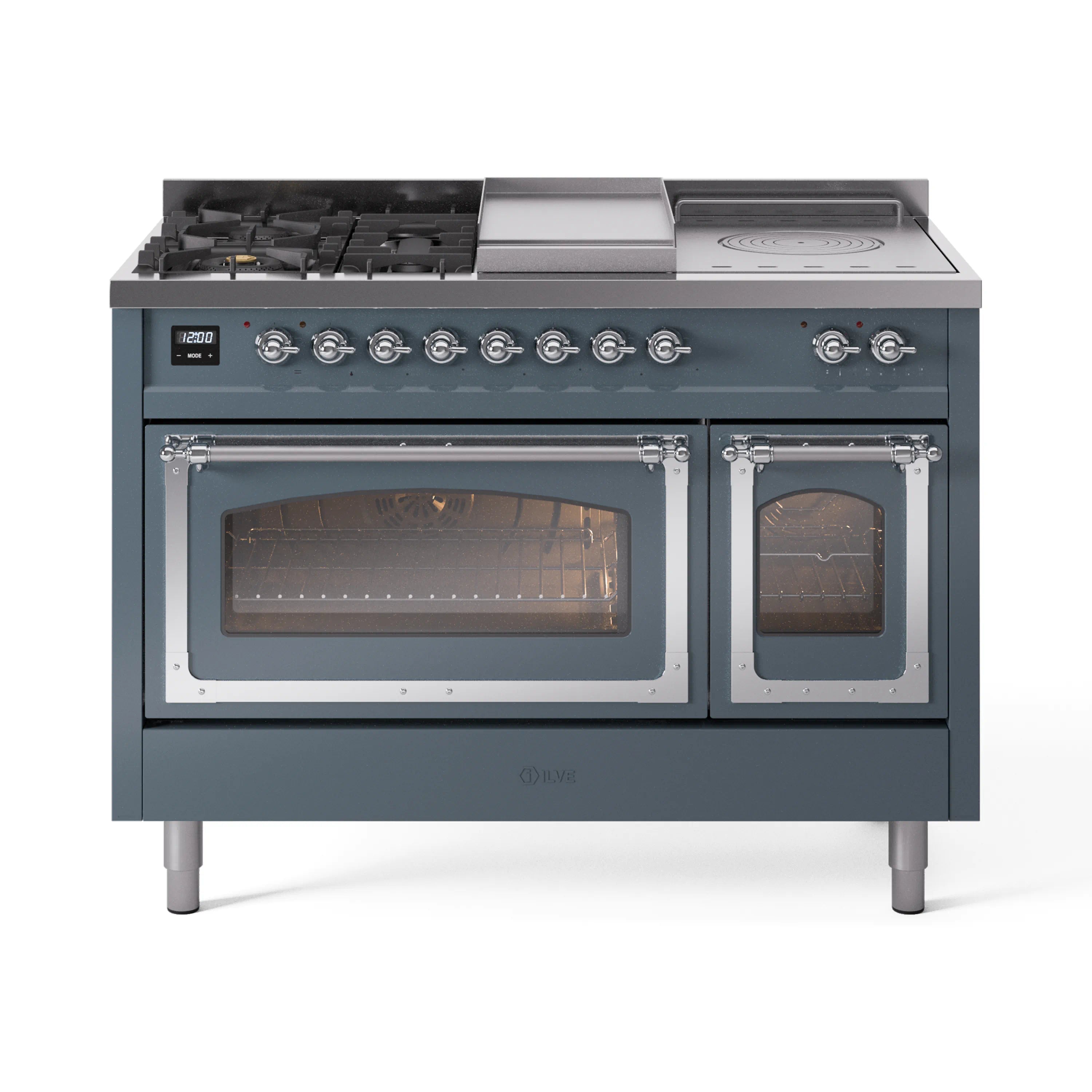 Blue grey dual fuel range with chrome trim, 5 burners, griddle, and dual glass-door ovens