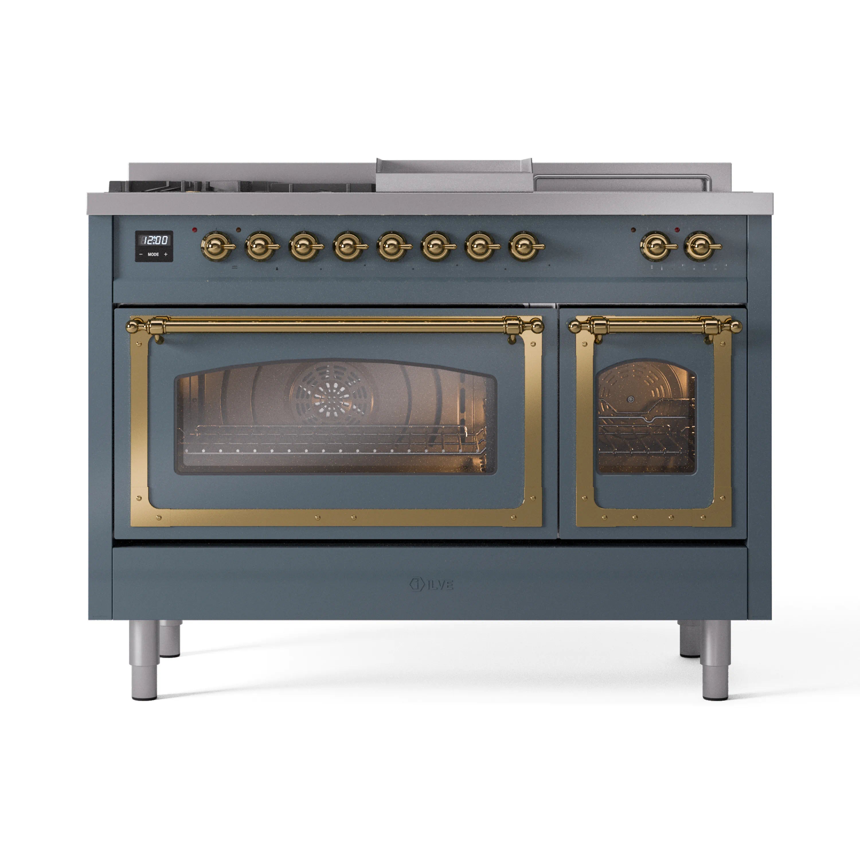 Blue grey dual fuel range with brass-trim oven doors and burner control panel, closed