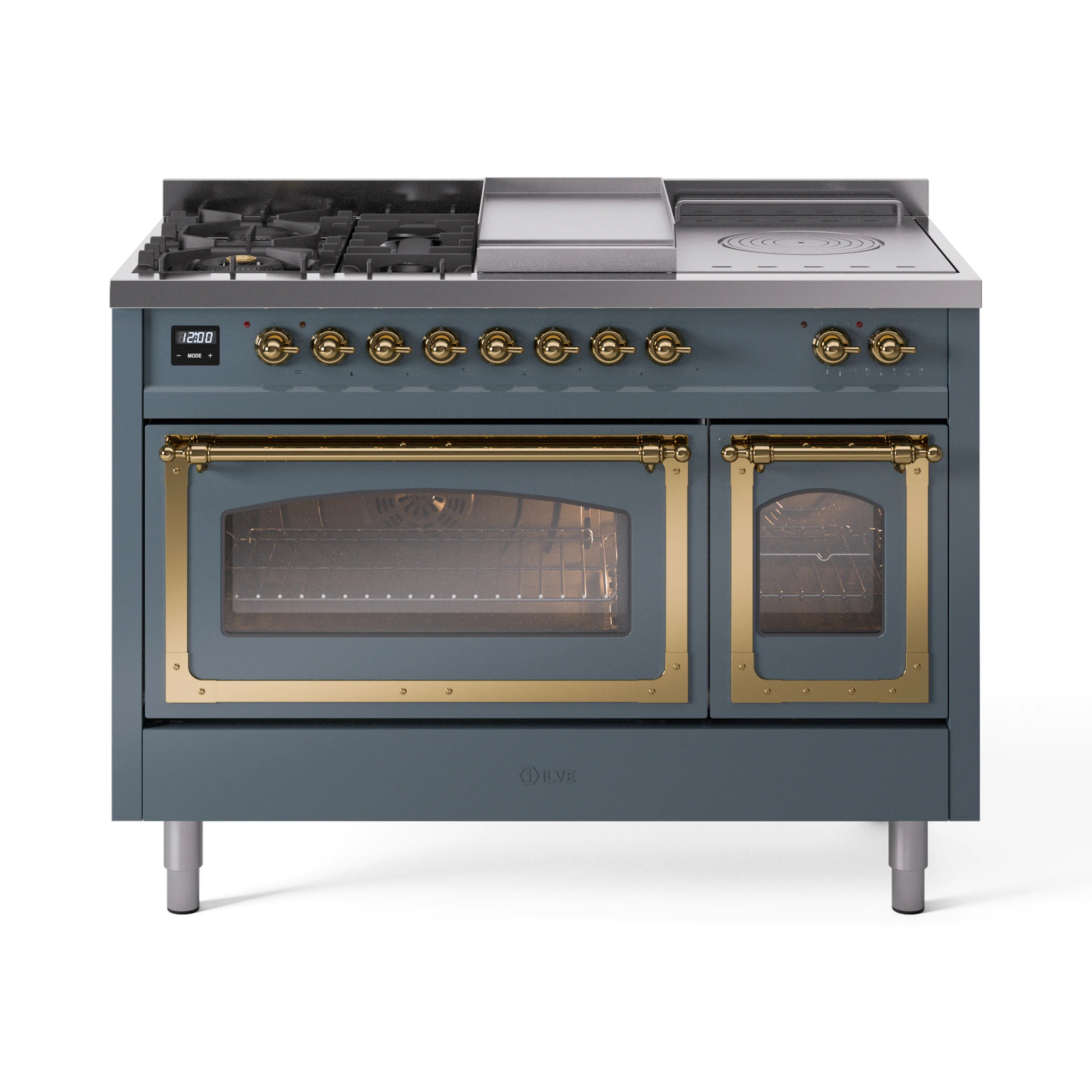 Blue grey dual fuel range with brass trim, glass oven doors, and control knobs across the front