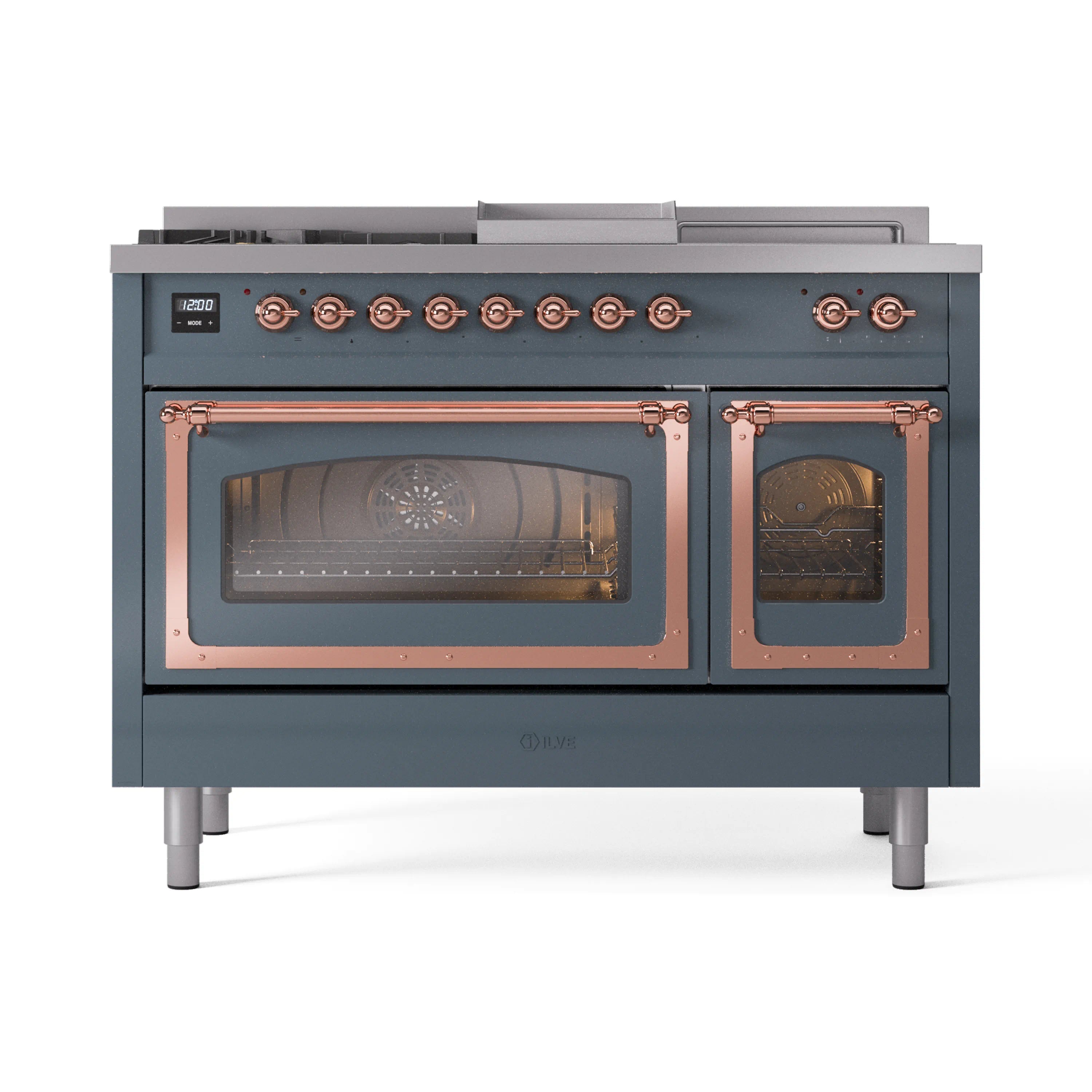 Blue grey dual-fuel gas range with copper trim, oven doors closed, control knobs across top.