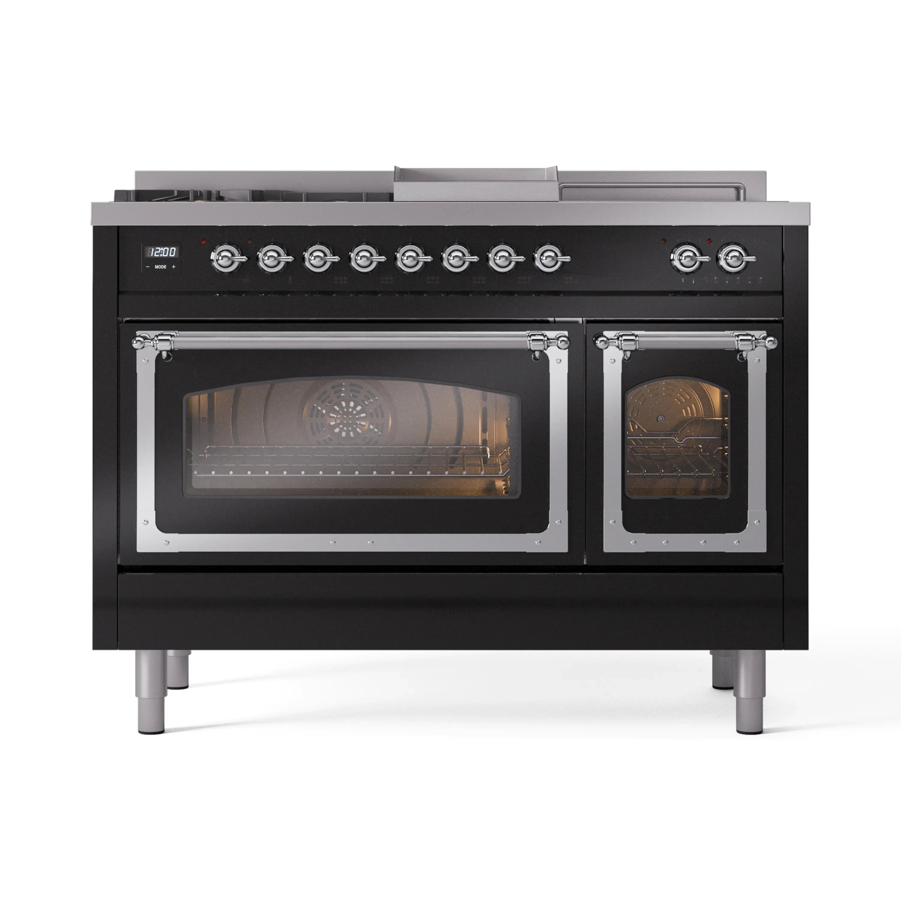 Black dual fuel range front with two oven windows and burner control knobs