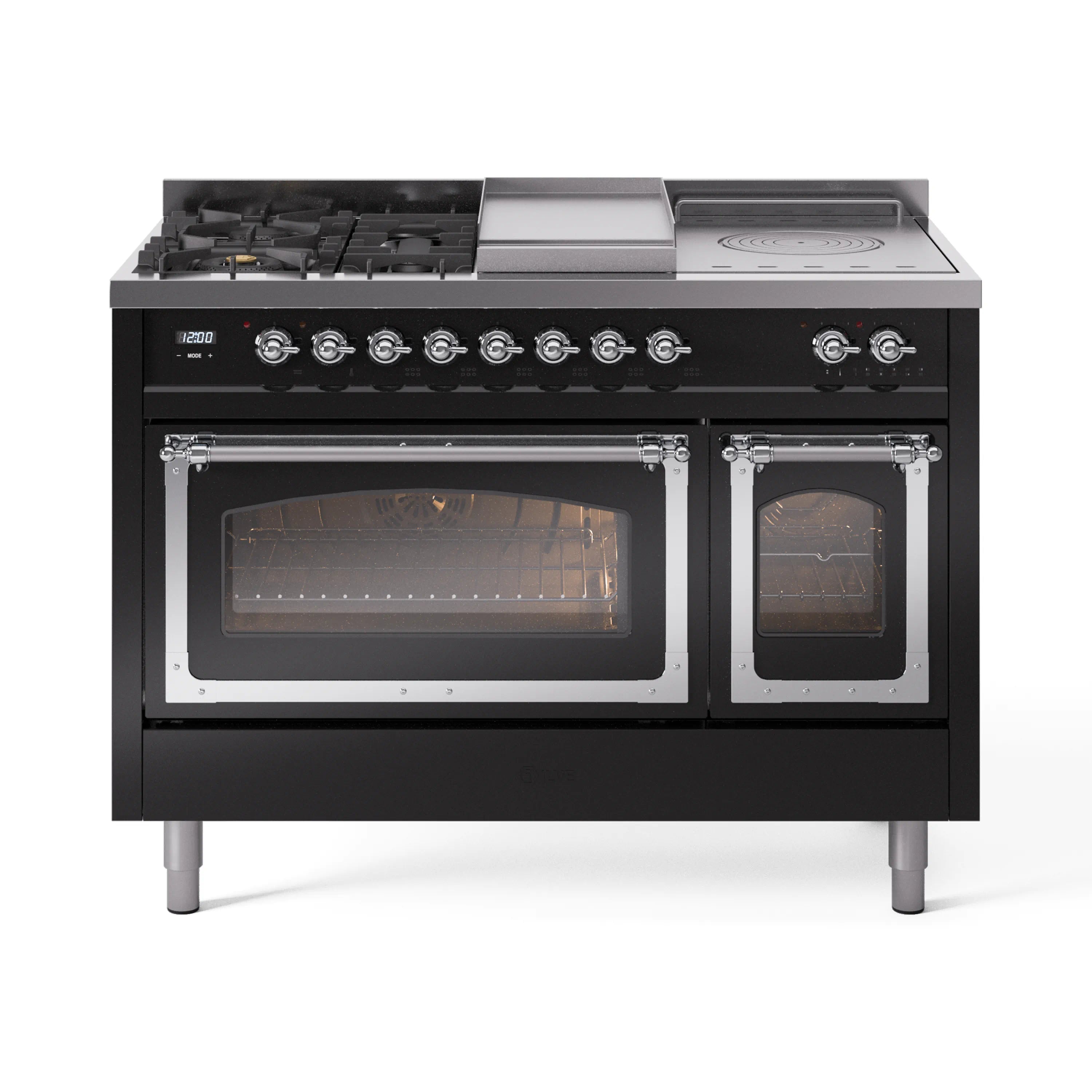Glossy black dual fuel range with French top, two ovens, and 5 burners