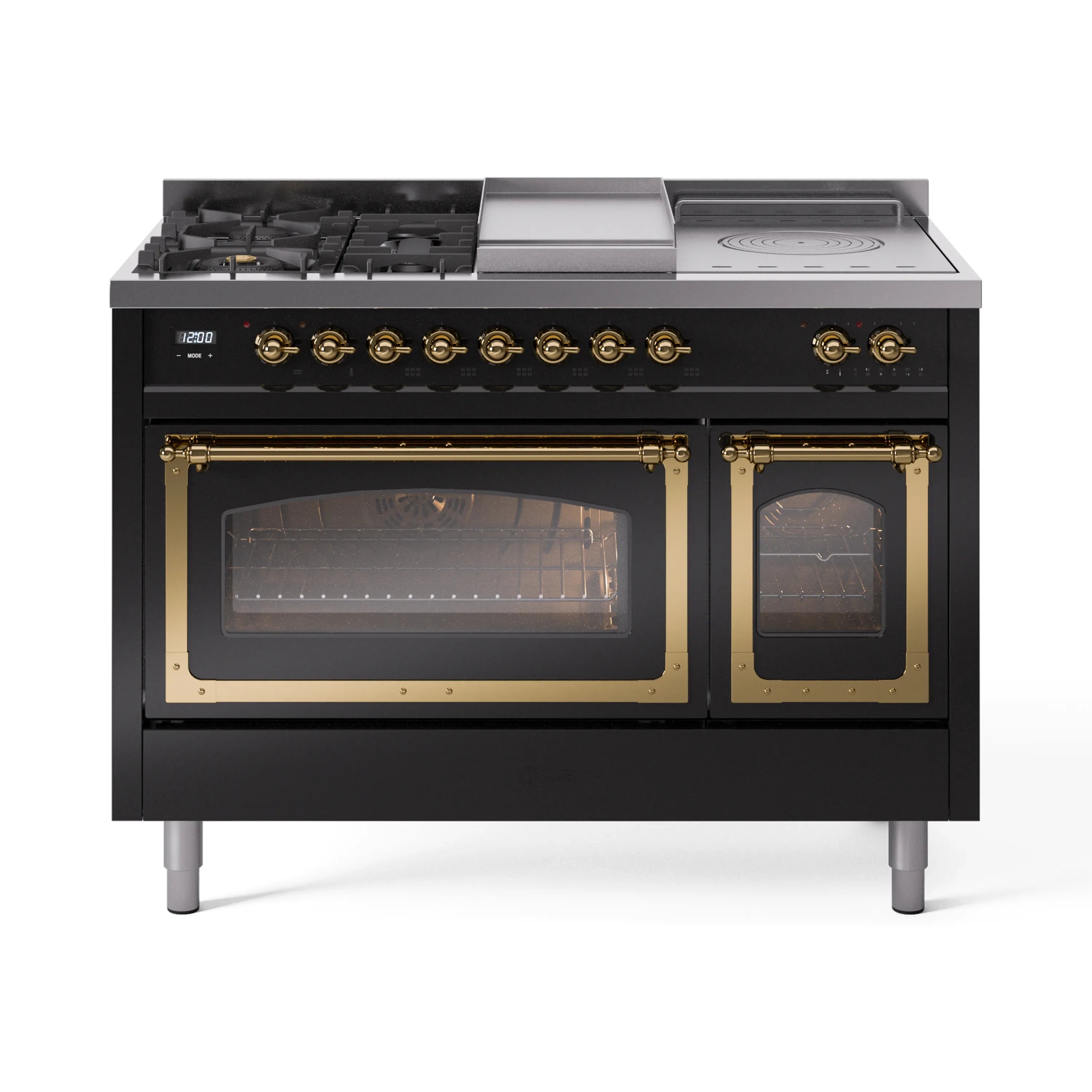 Glossy black dual fuel range with brass trim, five burners, griddle, and French top