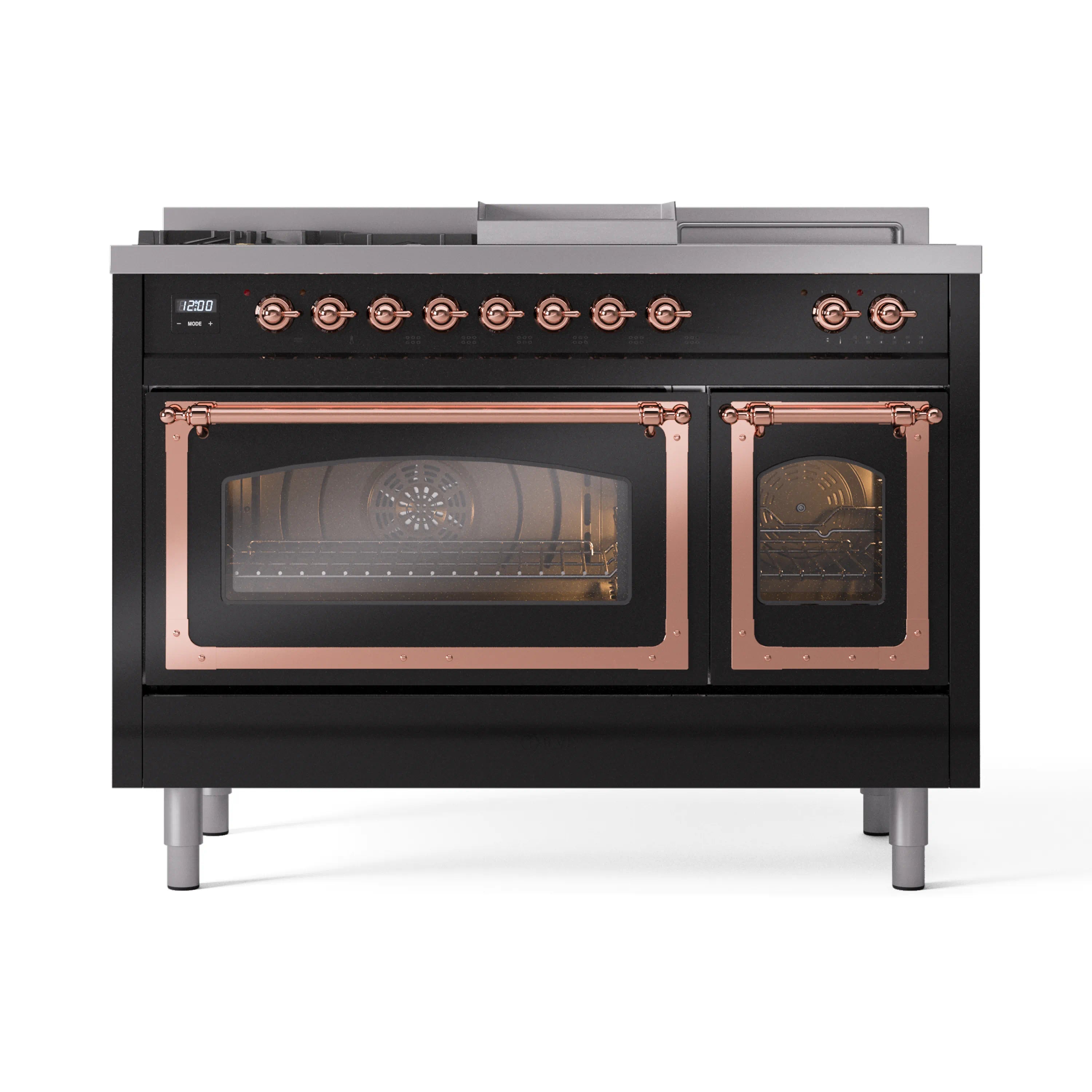 Glossy black range with copper-trim control knobs and two glass oven doors