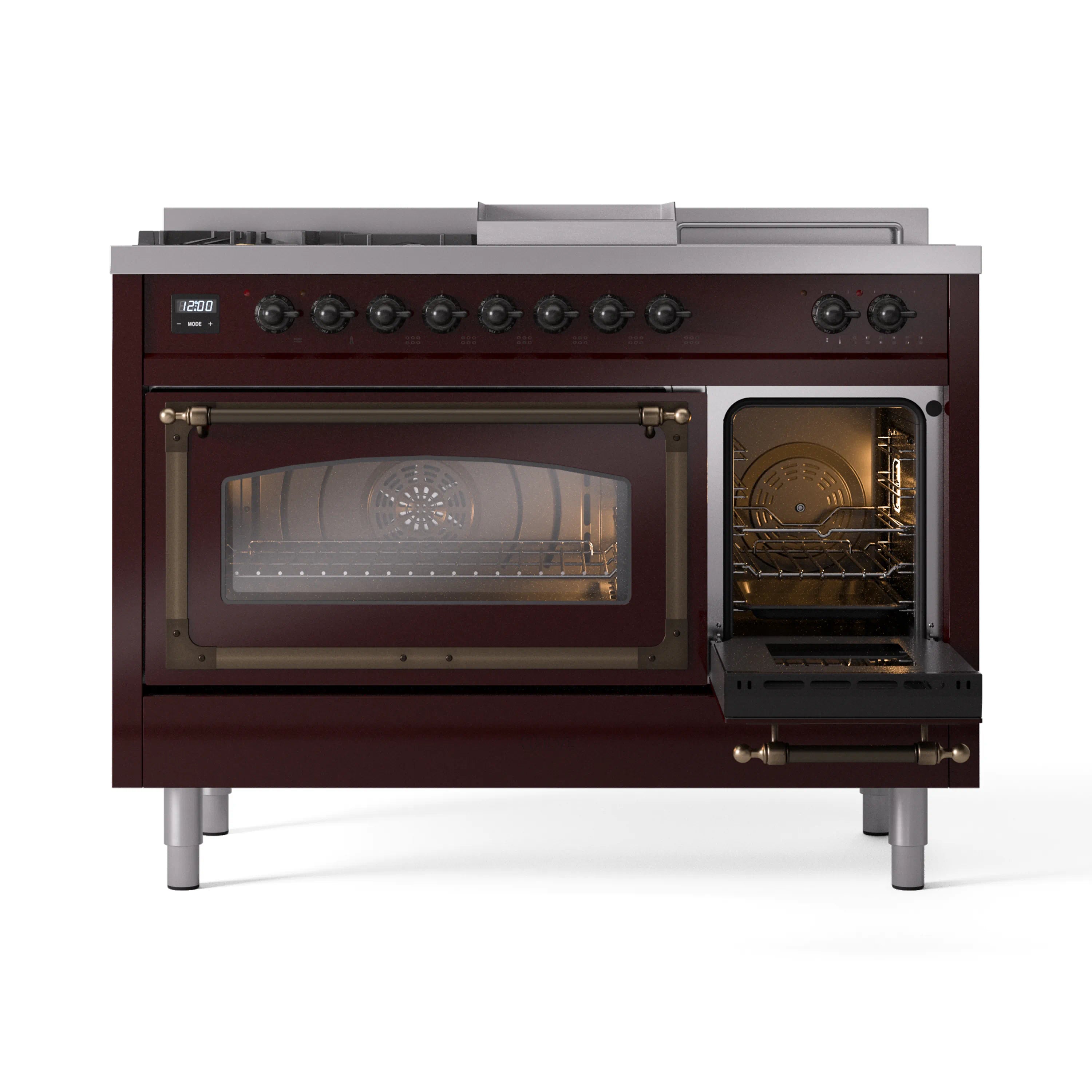 Burgundy dual fuel range with open oven doors, bronze handles, and visible racks