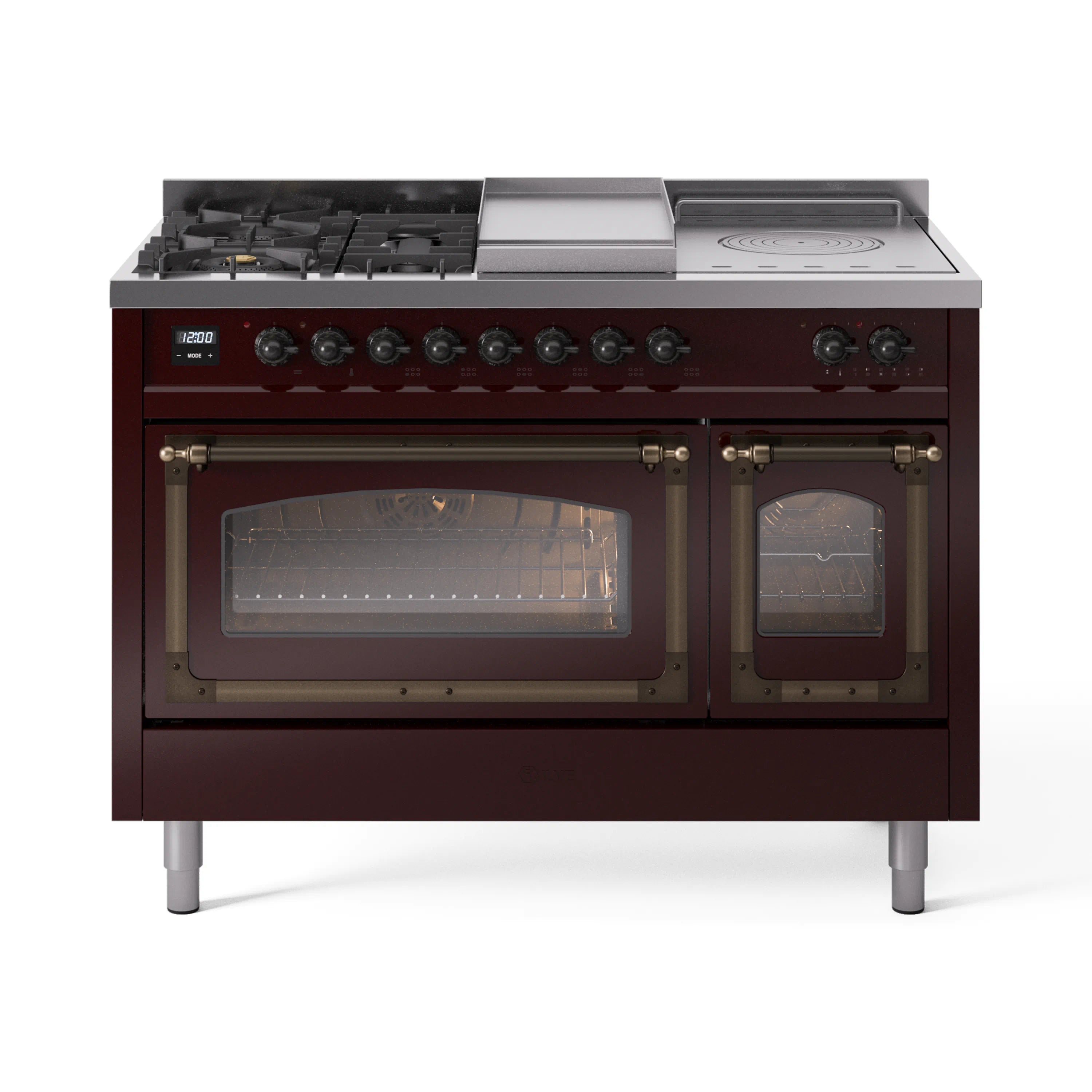 Burgundy dual fuel range with bronze trim, six knobs, and double glass-door ovens