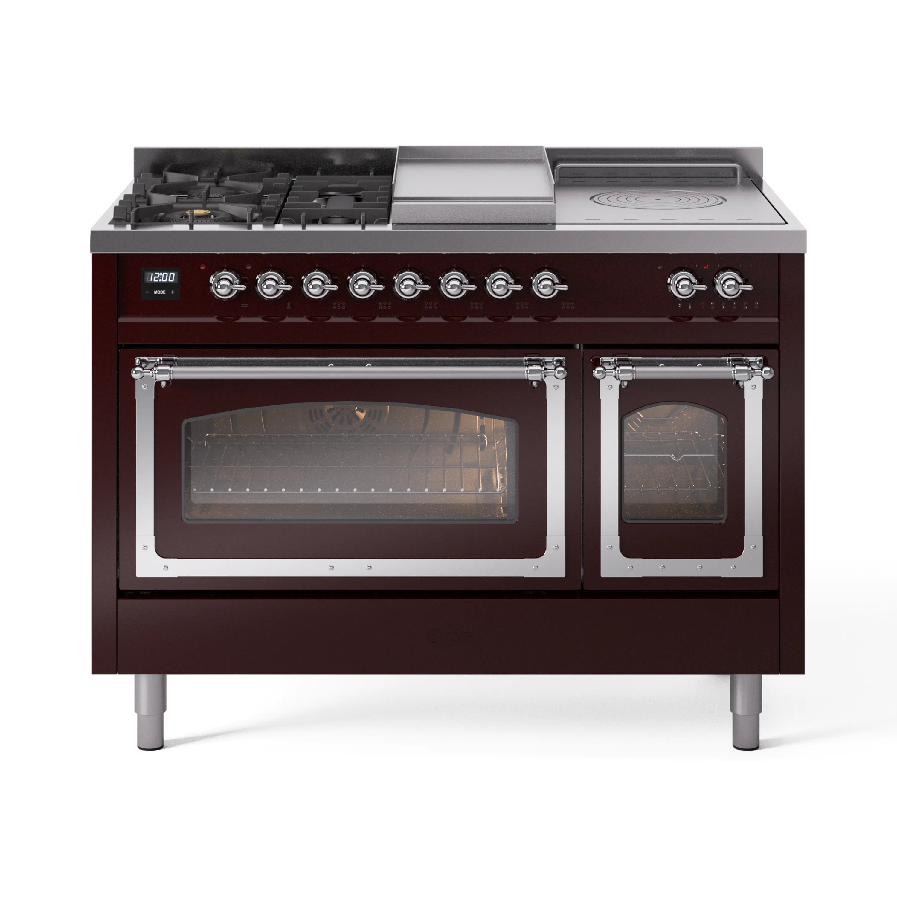 Burgundy dual-fuel range with chrome trim, two glass ovens, and griddle on top.