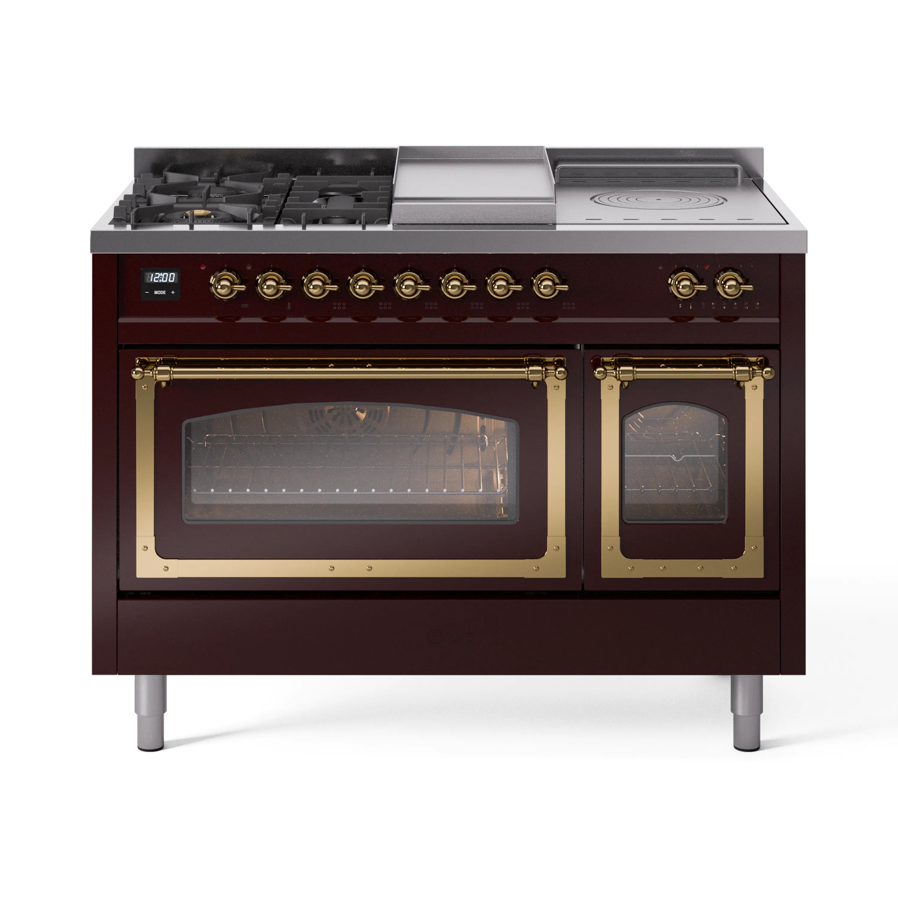 Burgundy dual fuel range with brass trim, 5 burners, griddle, and triple glass door oven