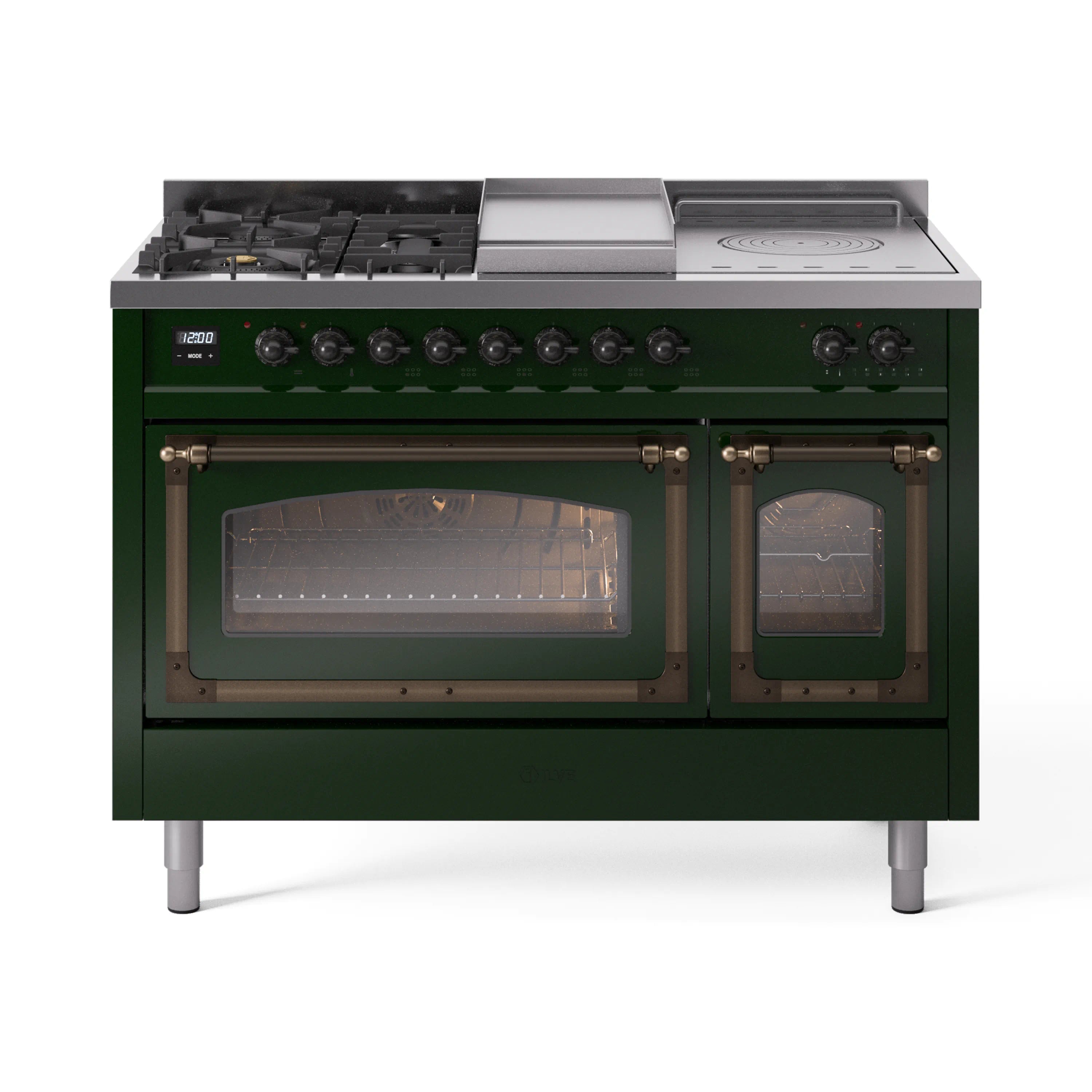 Emerald green dual fuel range with bronze trim, burners, and two glass oven doors closed