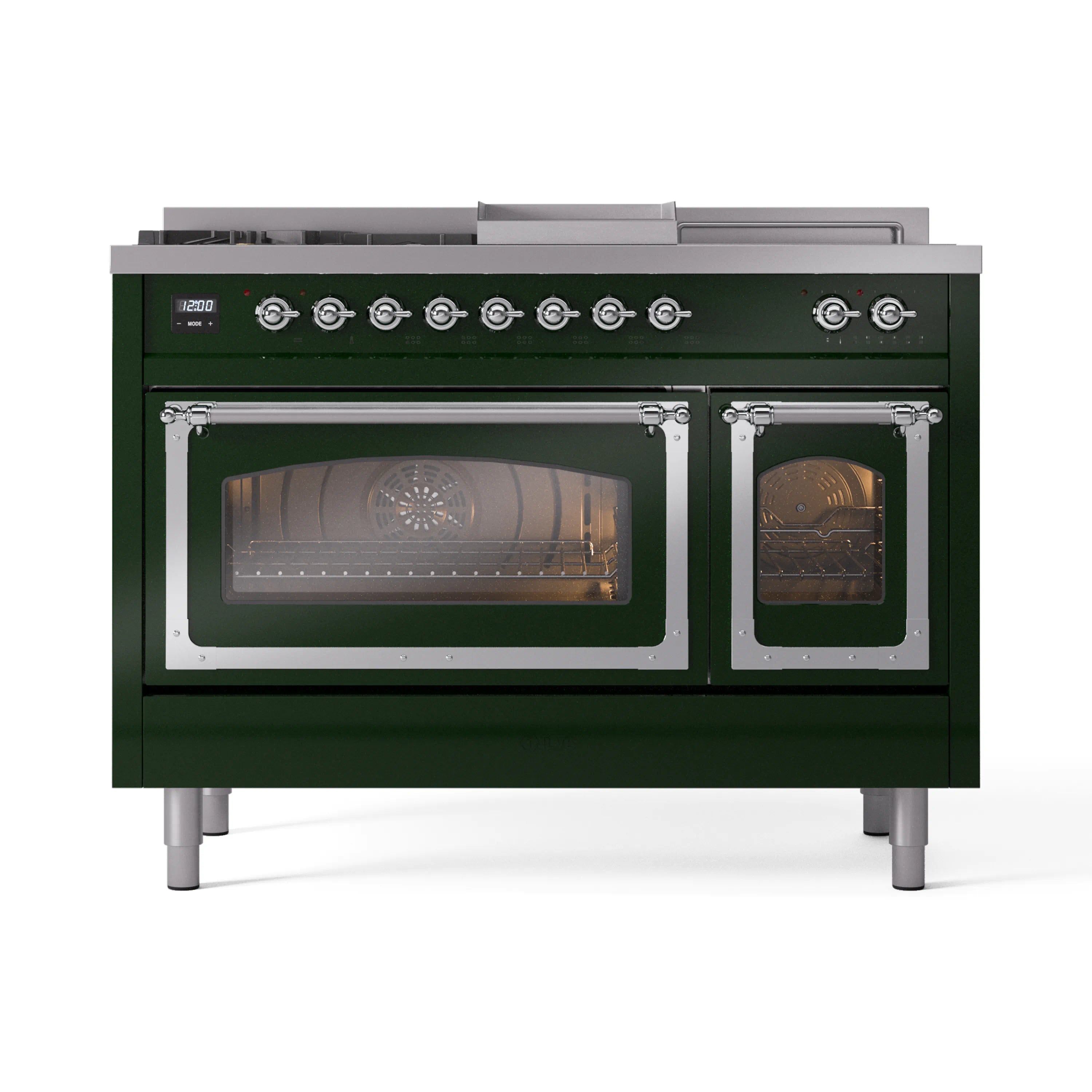 ILVE emerald green dual-fuel range front with chrome knobs and two glass oven doors