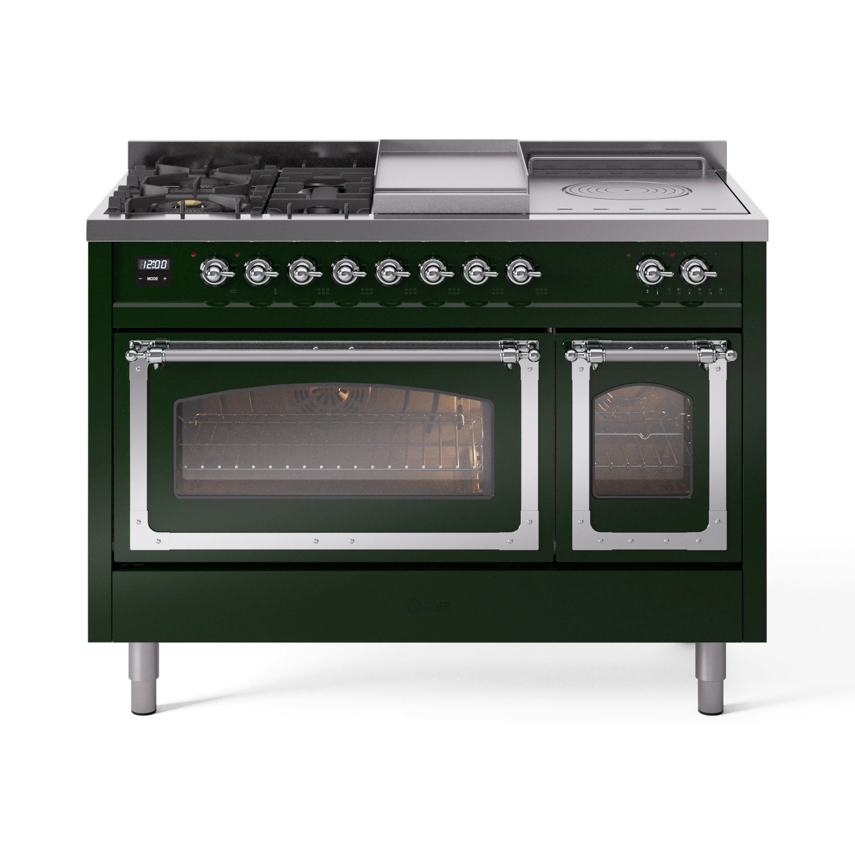 ILVE emerald green dual-fuel range with triple glass oven doors and chrome control knobs