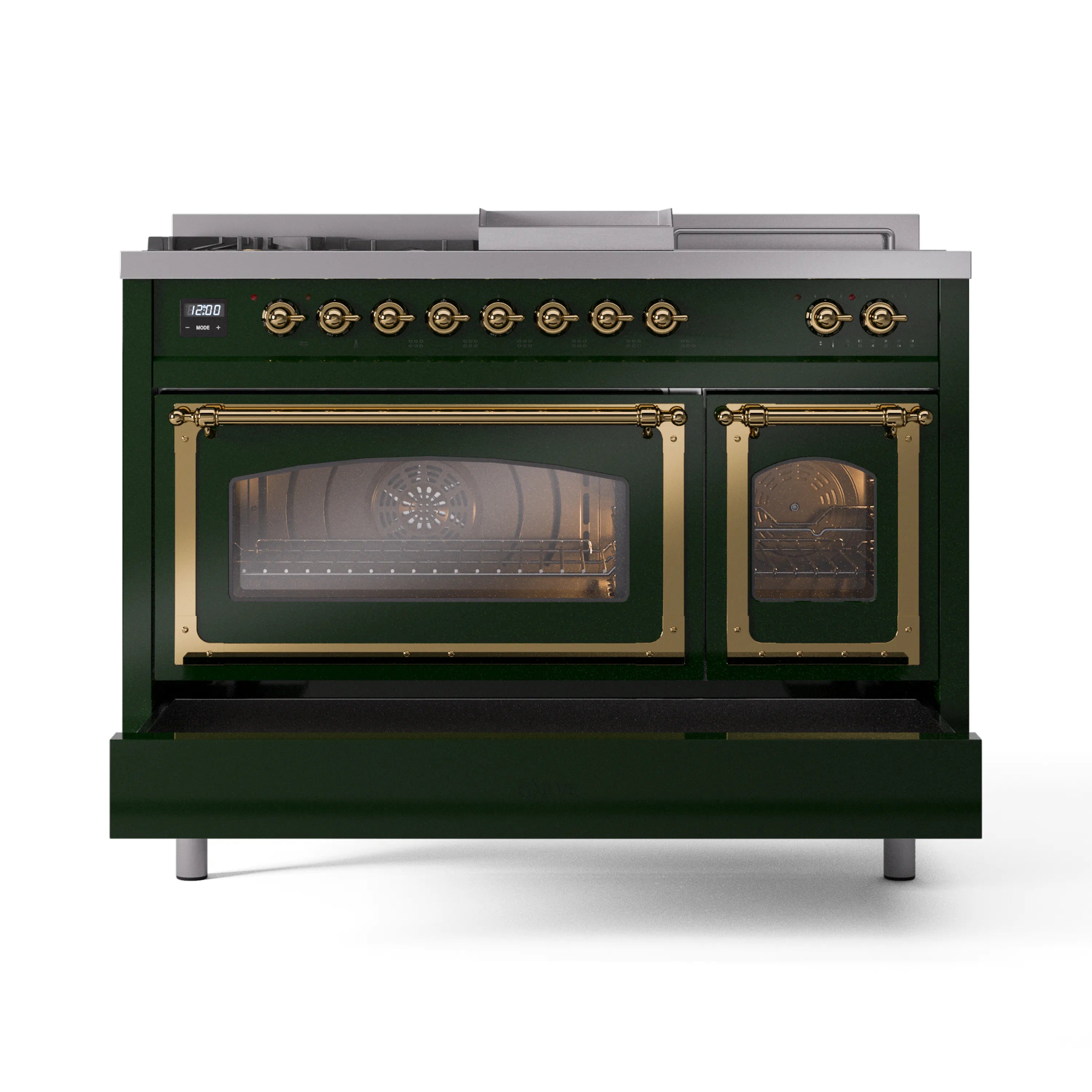 Emerald green dual-fuel range with brass trims, glass oven doors, and control panel
